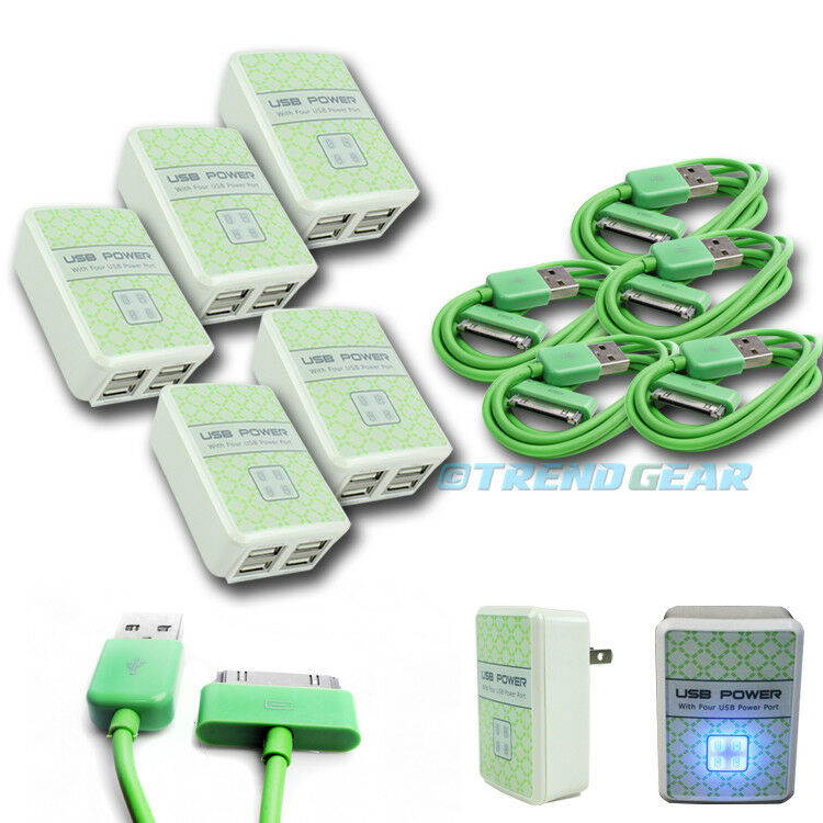5X 4 USB PORTS HOME WALL ADAPTER+6FT CABLE POWER CHARGER GREEN GALAXY TAB NOTE