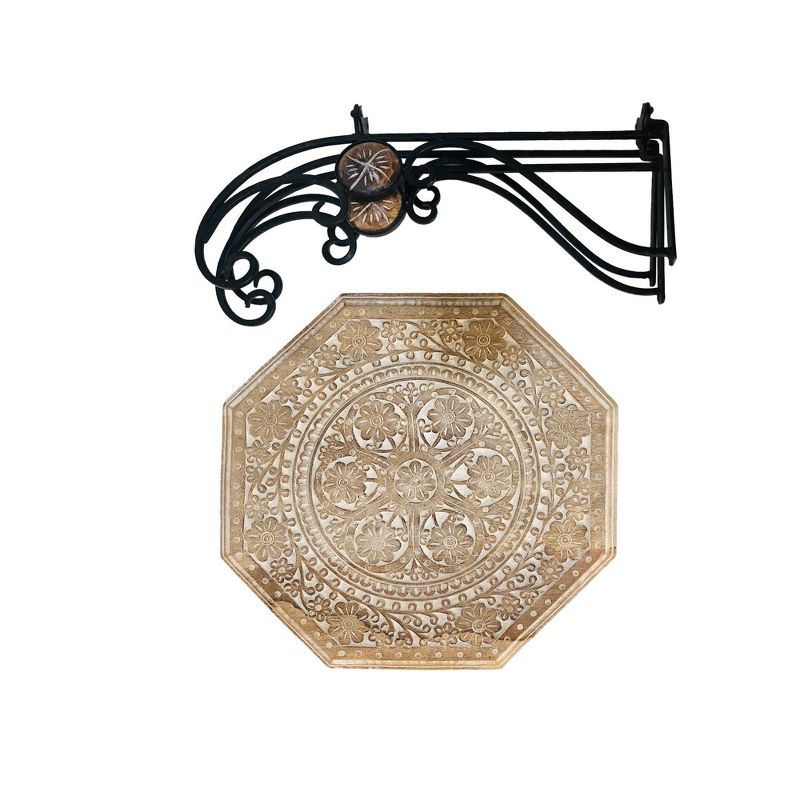 Engraved Carved Octagonal Mango Wood Table with Scrolled Foldable Legs Brown/Black - The Urban Port