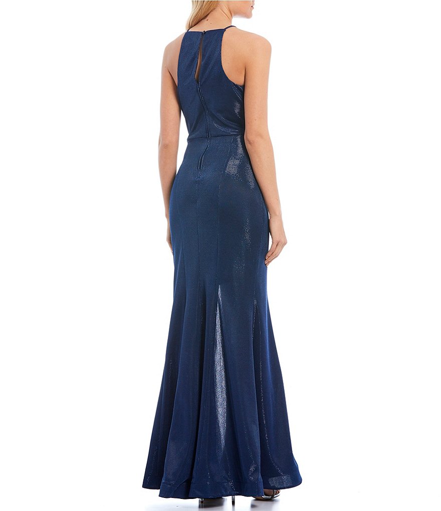 Teeze Me Spaghetti Strap Mock Neck High Side Slit Iridescent Shine Long Dress