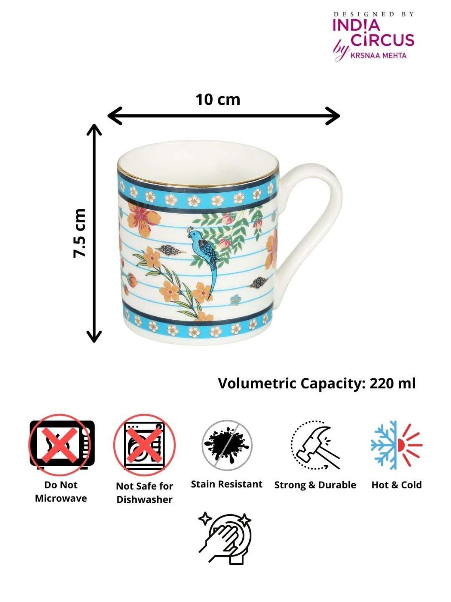 India Circus White & Sky Blue Ceramic 10 cm Coffe Mug (0.22 L) - Set of 6