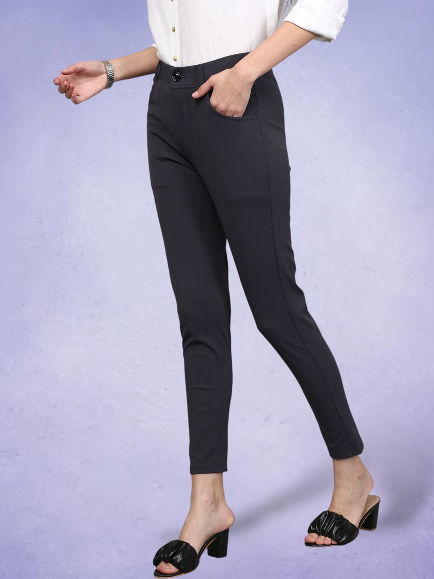 FITHUB Dark Grey Slim Fit High Rise Trousers