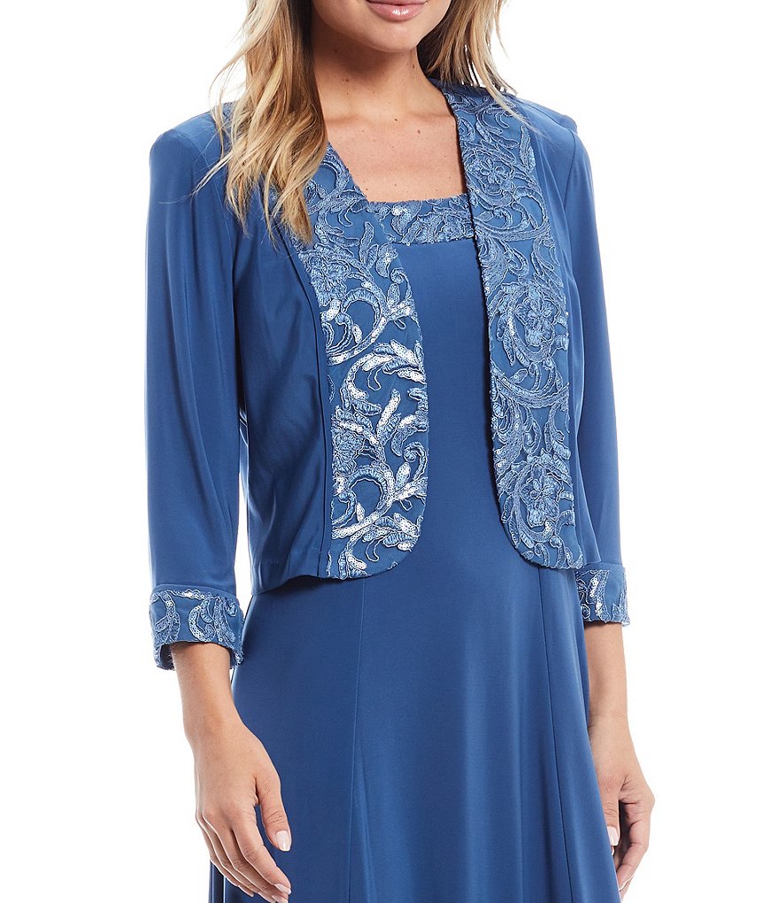 Le Bos A-Line Jersey Embroidered Scoop Neck 3/4 Sleeve 2-Piece Jacket Dress