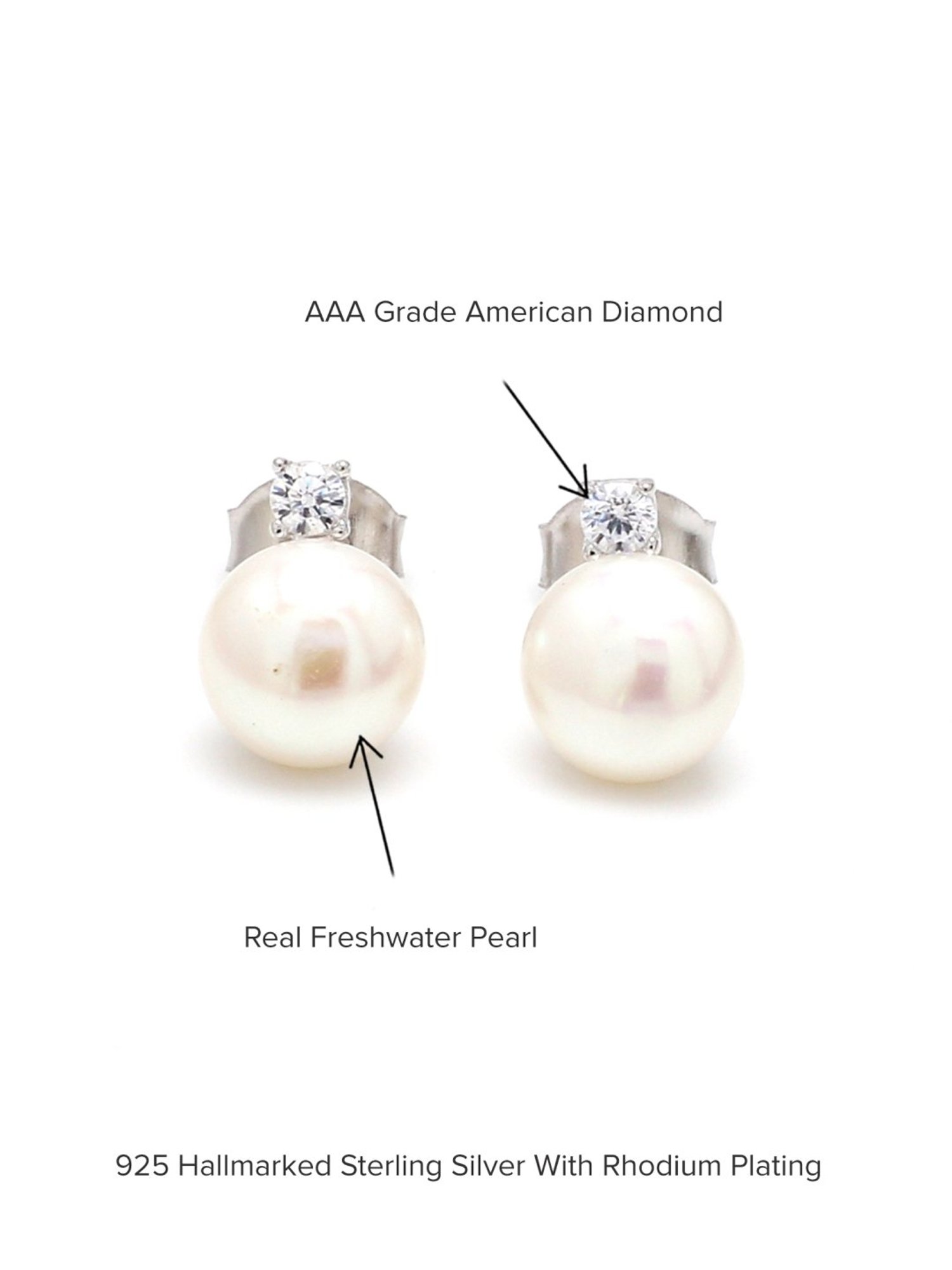 925 Silver Freshwater Pearl and American Diamond Stud Earrings for Women & Girls