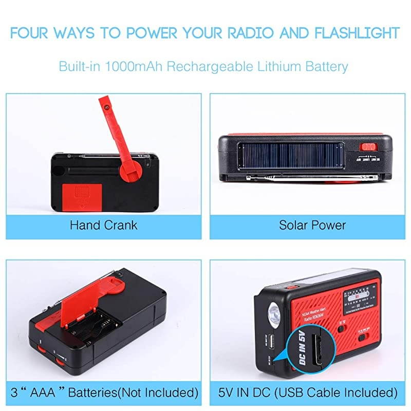 Radio with Solar and Hand Crank Self Powered Portable FMAM NOAA Weather Radio with Alert Battery USB Recharging LED Flashlight Cell Phone Charger red