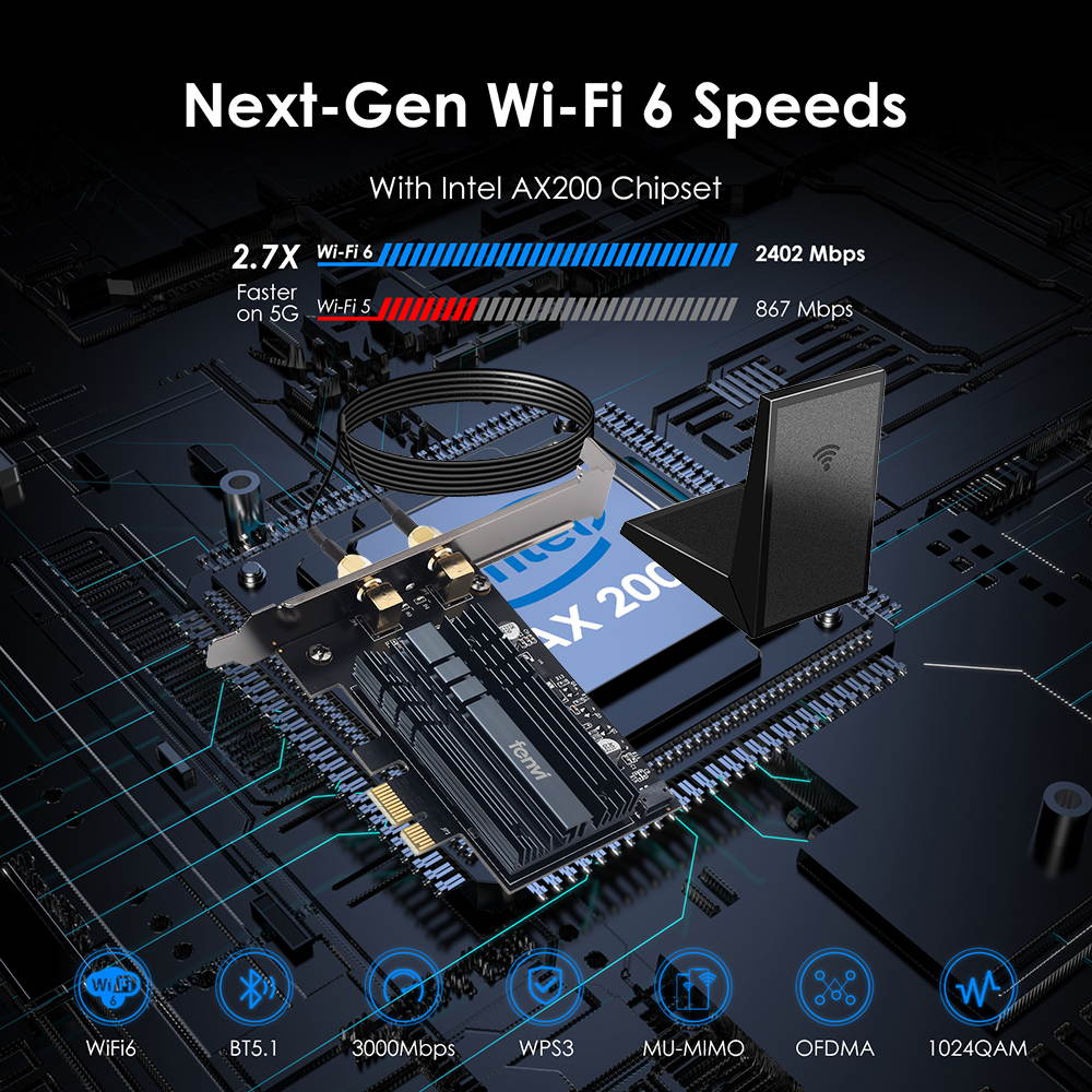 fenvi FV-AX3000 Wifi 6 3000Mbps PCIe Wireless Wifi Adapter Intel AX200 Network Wlan Card Bluetooth 5.1 For PC, IEEE 802.11ax/ac, Dual Band 2.4Ghz/5Ghz, MU-MIMO, Windows 10, PCI Express Magnet Antenna