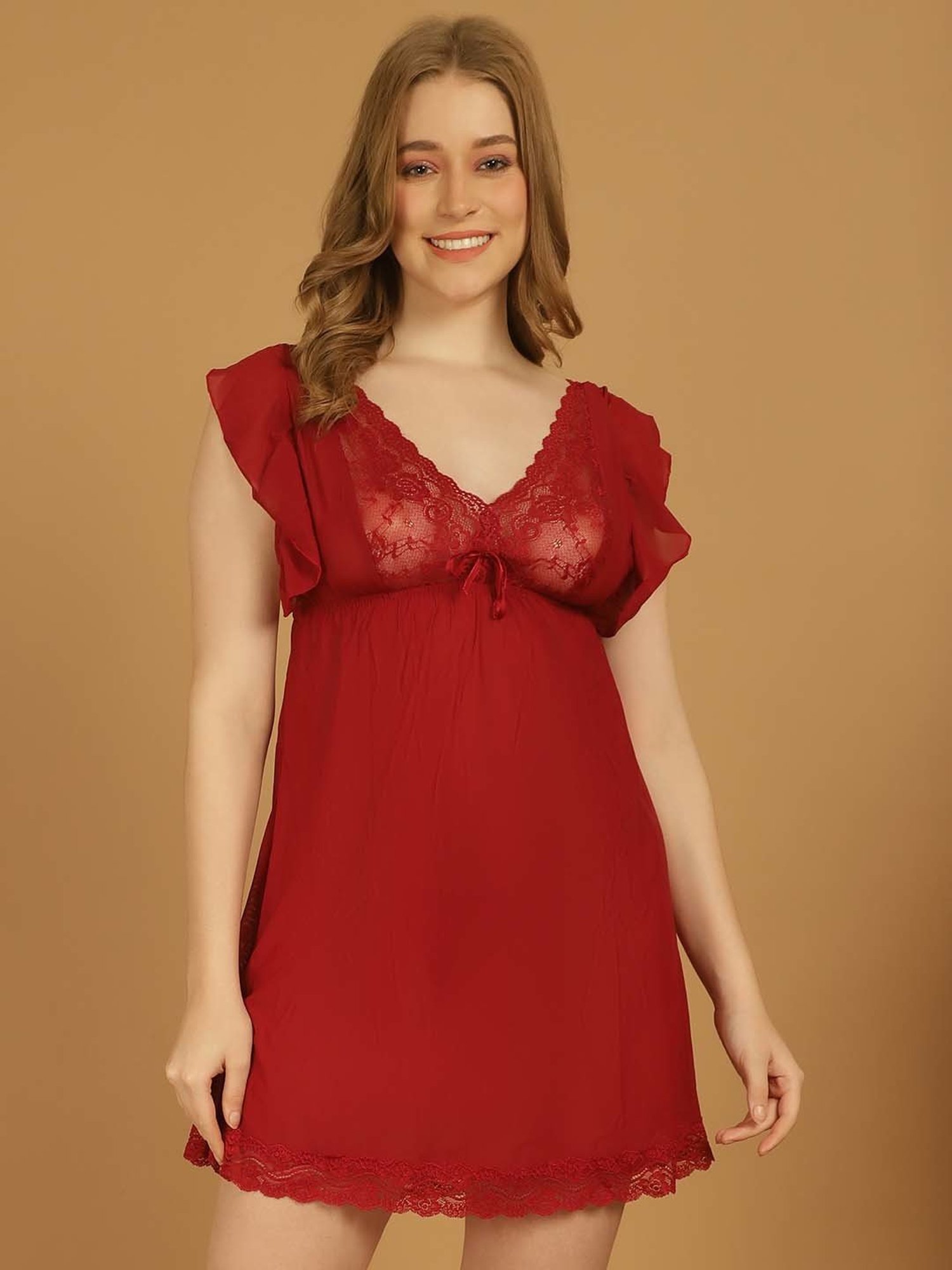 Stylee LIFESTYLE Maroon Lace Work Babydoll With Brief