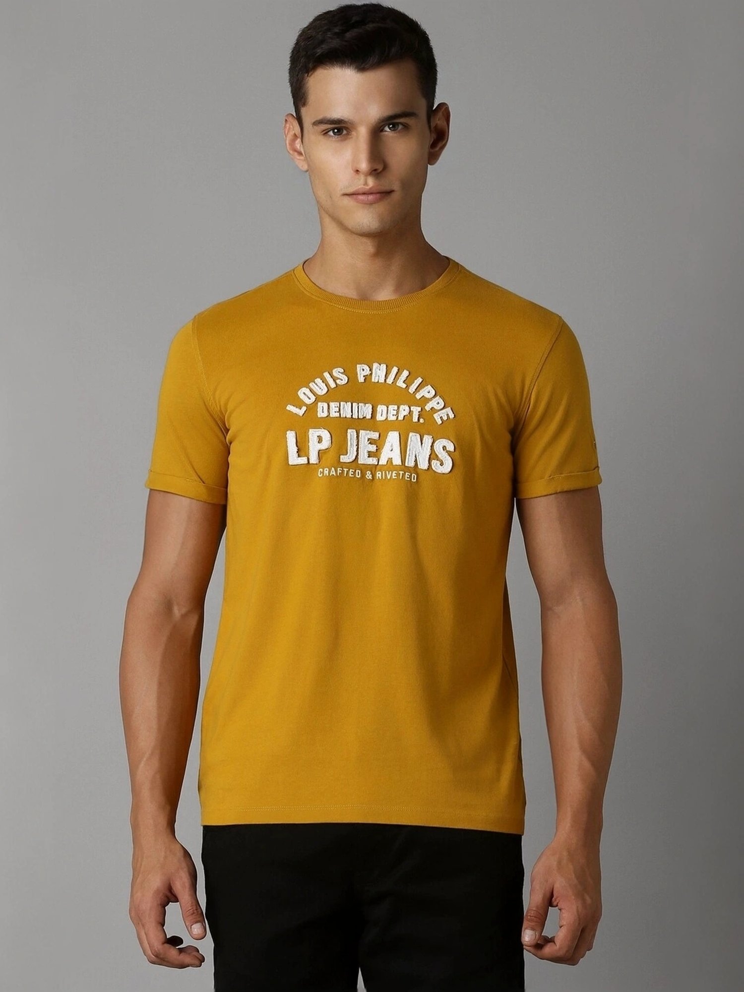 Louis Philippe Yellow Cotton Slim Fit Printed T-Shirt