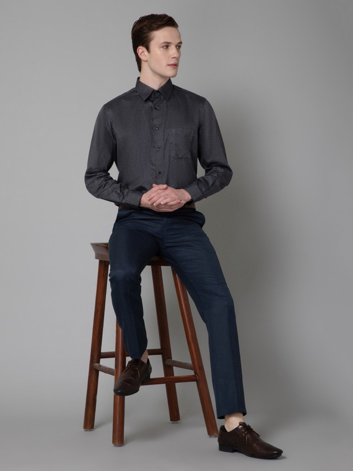 Cantabil Navy Regular Fit Self Pattern Trousers