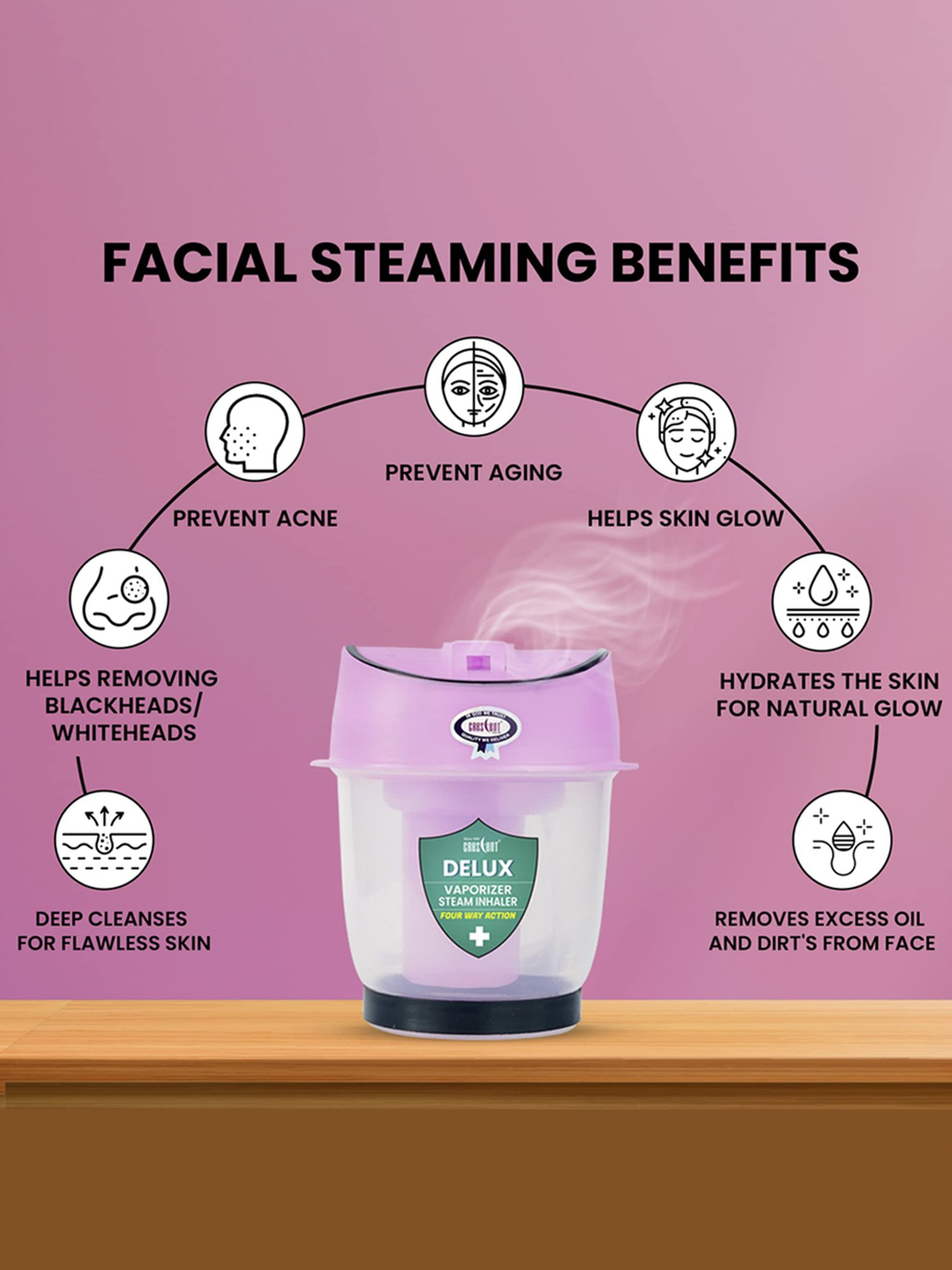 Crescent Delux Facial Steamer Vaporizer for Cold & Cough, Separate Water Container (Ice Purple)