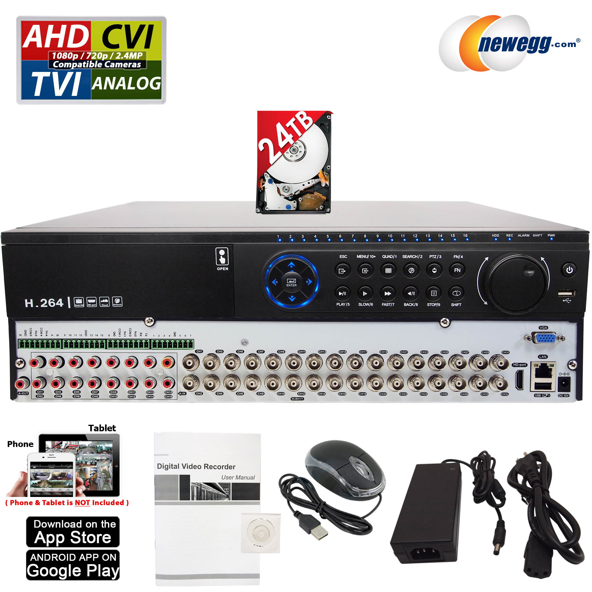 Evertech H.265 HD 32 Channel Surveillance Digital Video Recorder for AHD TVI CVI Analog Camera DVR with 24TB Hard Drive for 24/7 Recording for Security Systems, Remote Viewing, Email Alarm