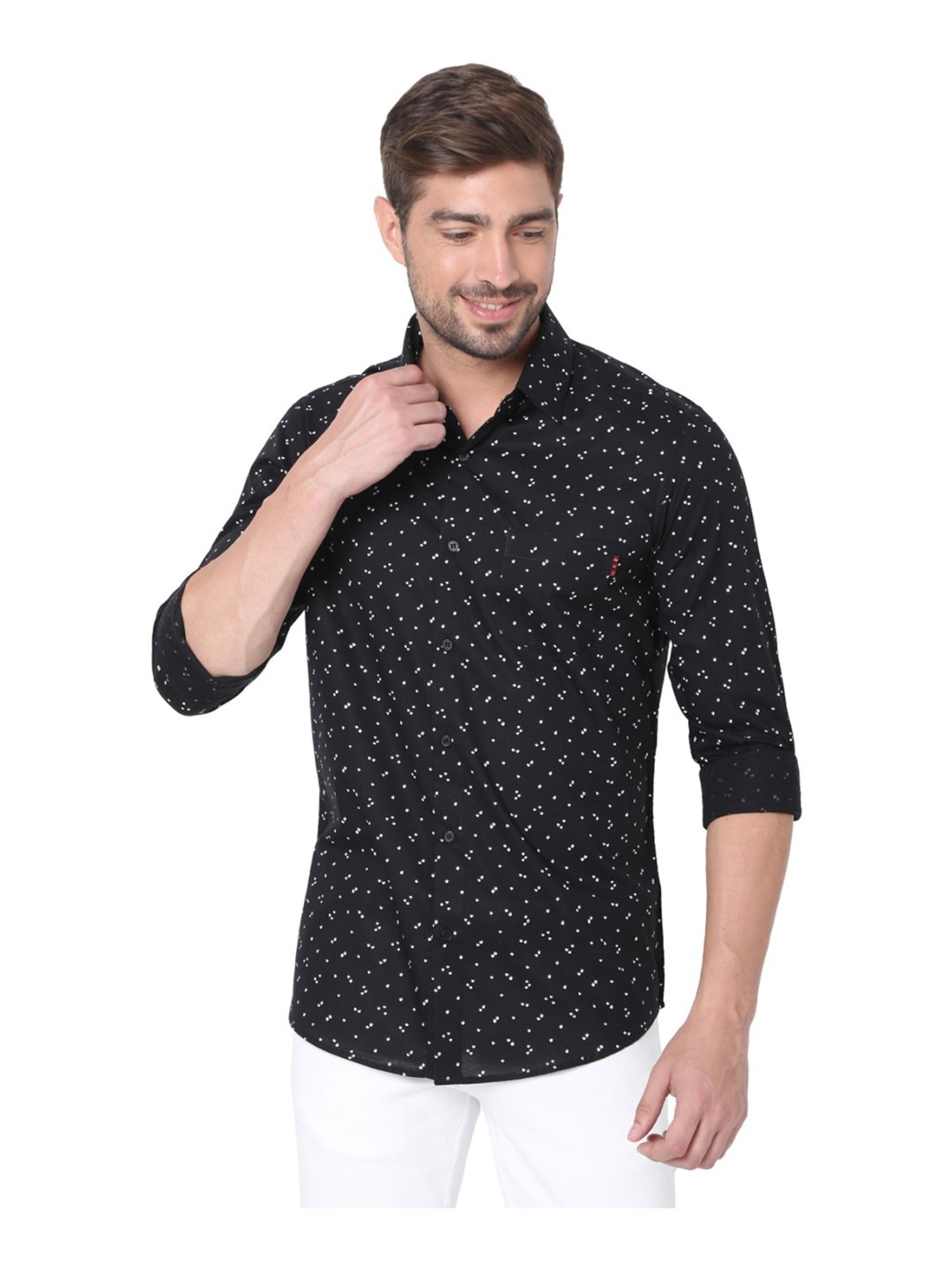 Mufti Black Cotton Slim Fit Printed Shirt