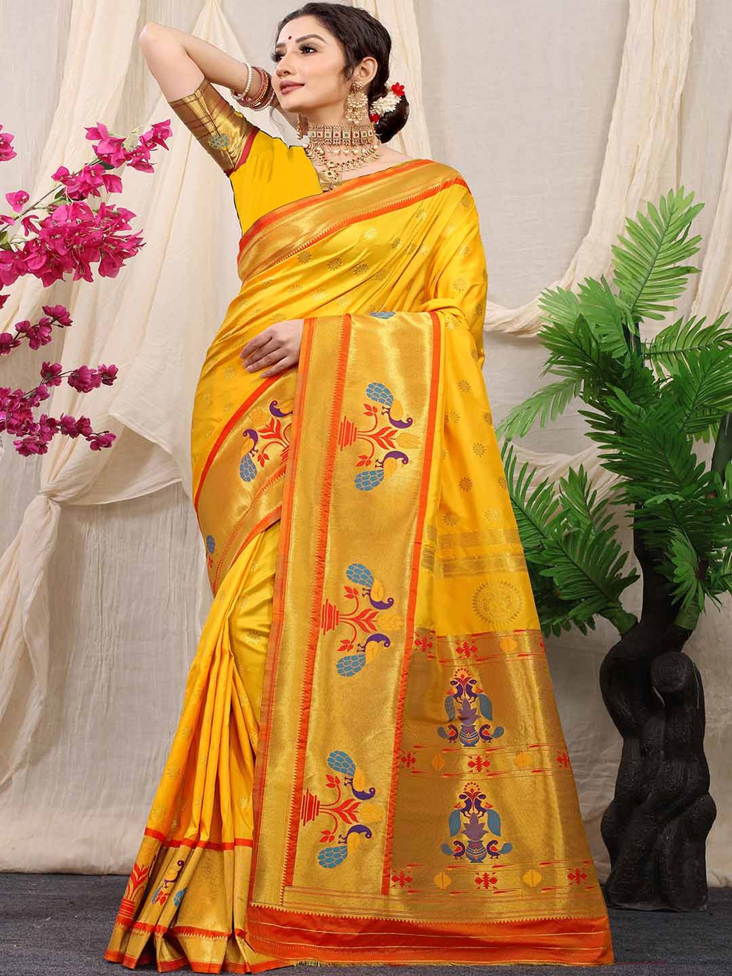 SHUBHKALA Yellow Silk Woven Saree With Unstitched Blouse