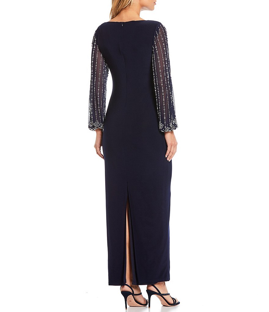 Marina Bateau Neck Long Beaded Sleeve Matte Jersey Gown