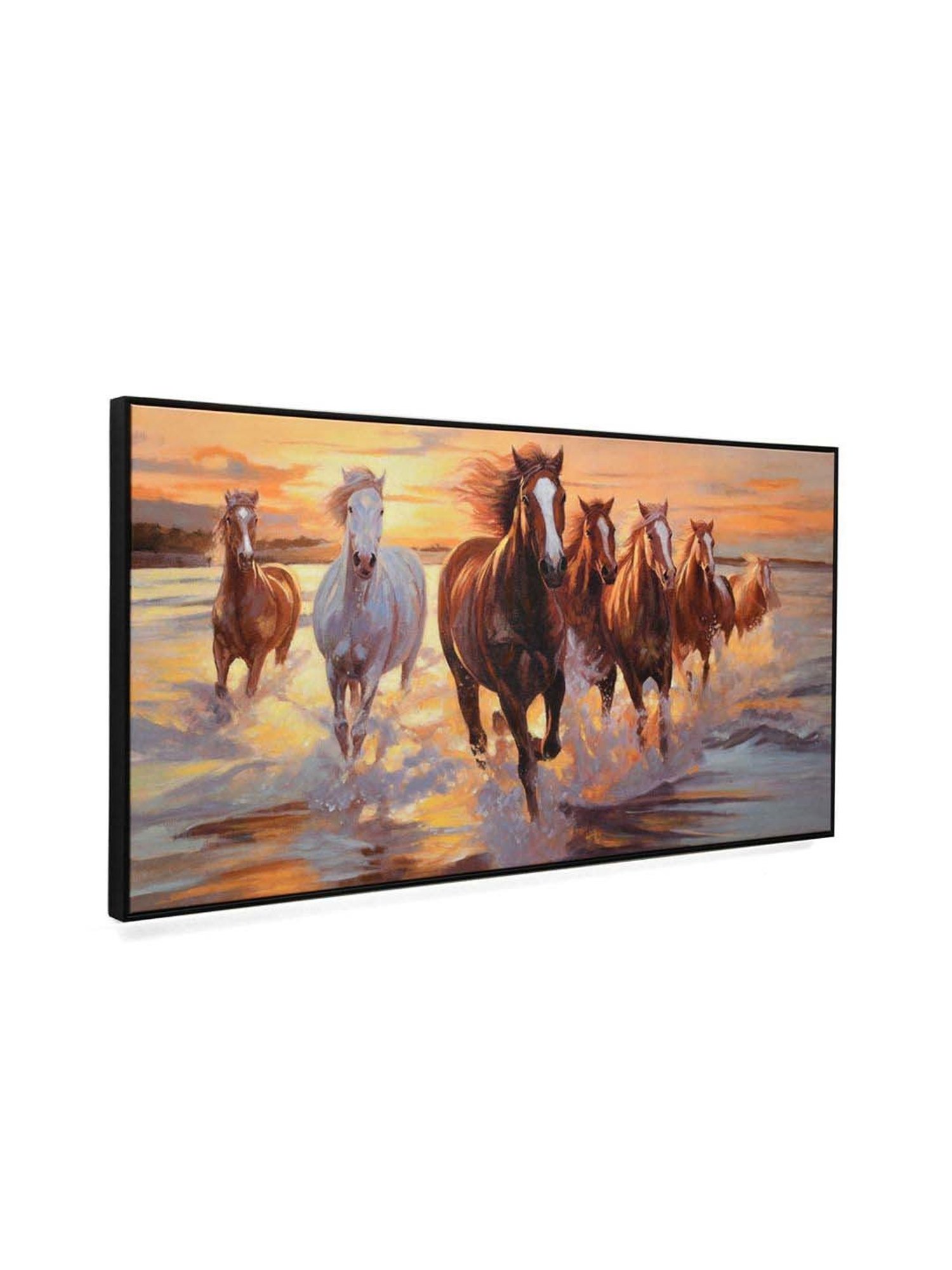 @home Brown Canvas Seven Horses On Water Wall Painting