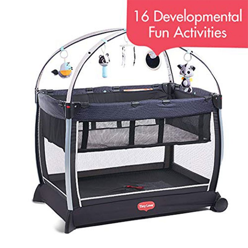 Tiny Love Black and White 6-in-1 Here I Grow Deluxe Baby Play Yard with Bassinet, Play Mat, Toys, and Removable Changer, Magical Night Tales