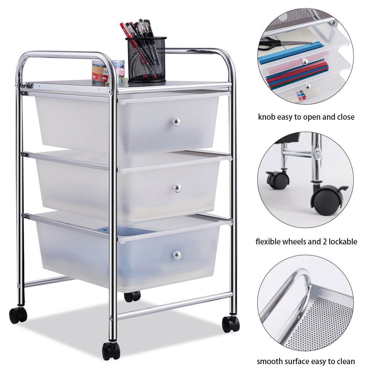 Costway 3 Drawers Metal Rolling Storage Cart Scrapbook Supply & Paper Home Office White