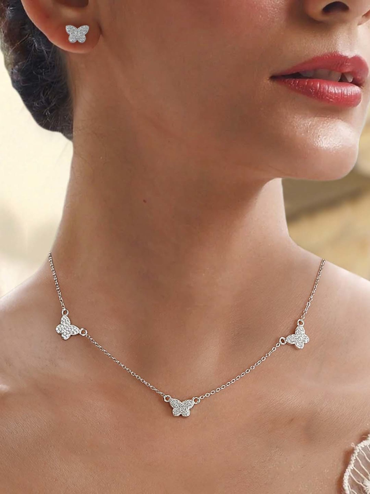 Ornate Jewels 92.5 Sterling Silver AD Butterfly Necklace & Earring Set for Women
