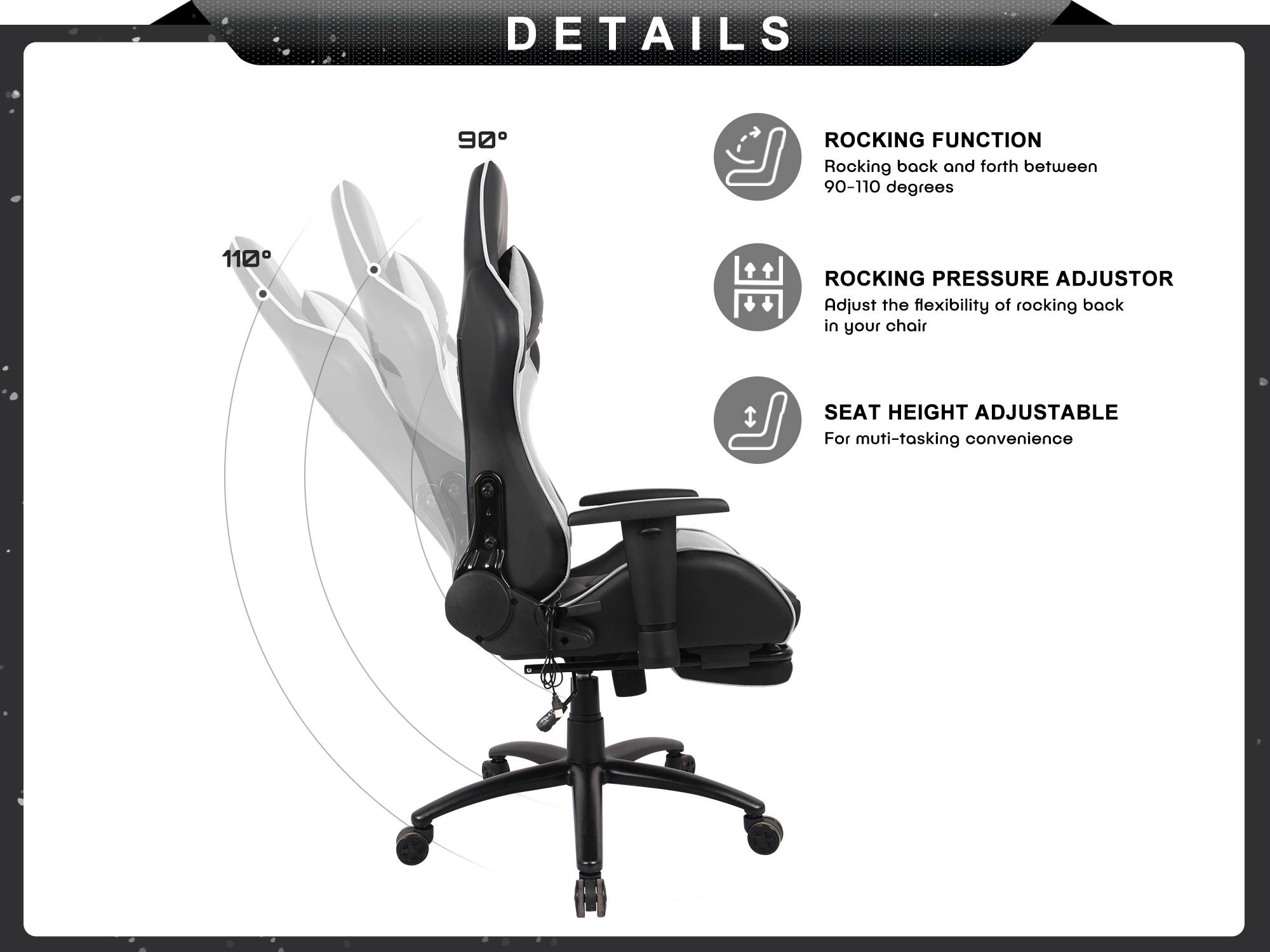 RIMIKINGMassage Gaming Chair with Retractable Footrest-Adjustable Lumbar Cushion Computer Office Racing Chair Headrest Swivel Rocking Desk Chair Ergonomic