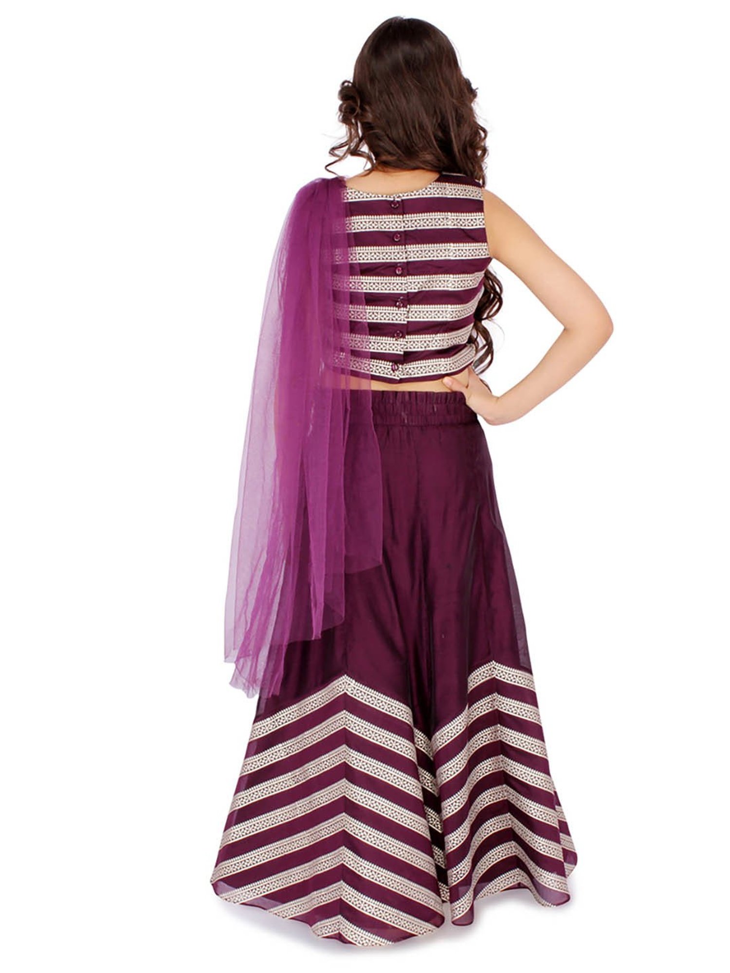 Cutecumber Kids Purple Embellished Crop Top with attached Dupatta with Skirt