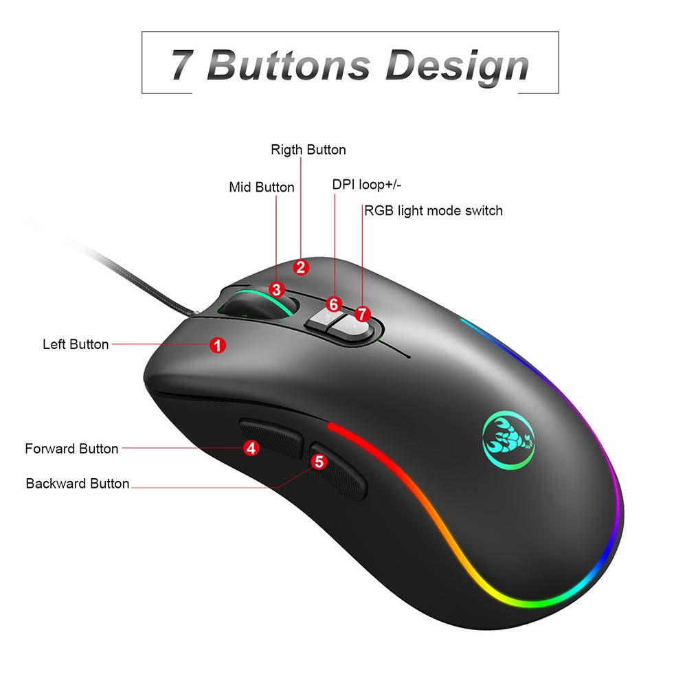 HXSJ J300 Wired Gaming Mouse Seven-key Macro Programming Mouse Six Adjustable DPI Colorful RGB Gaming Mouse Black