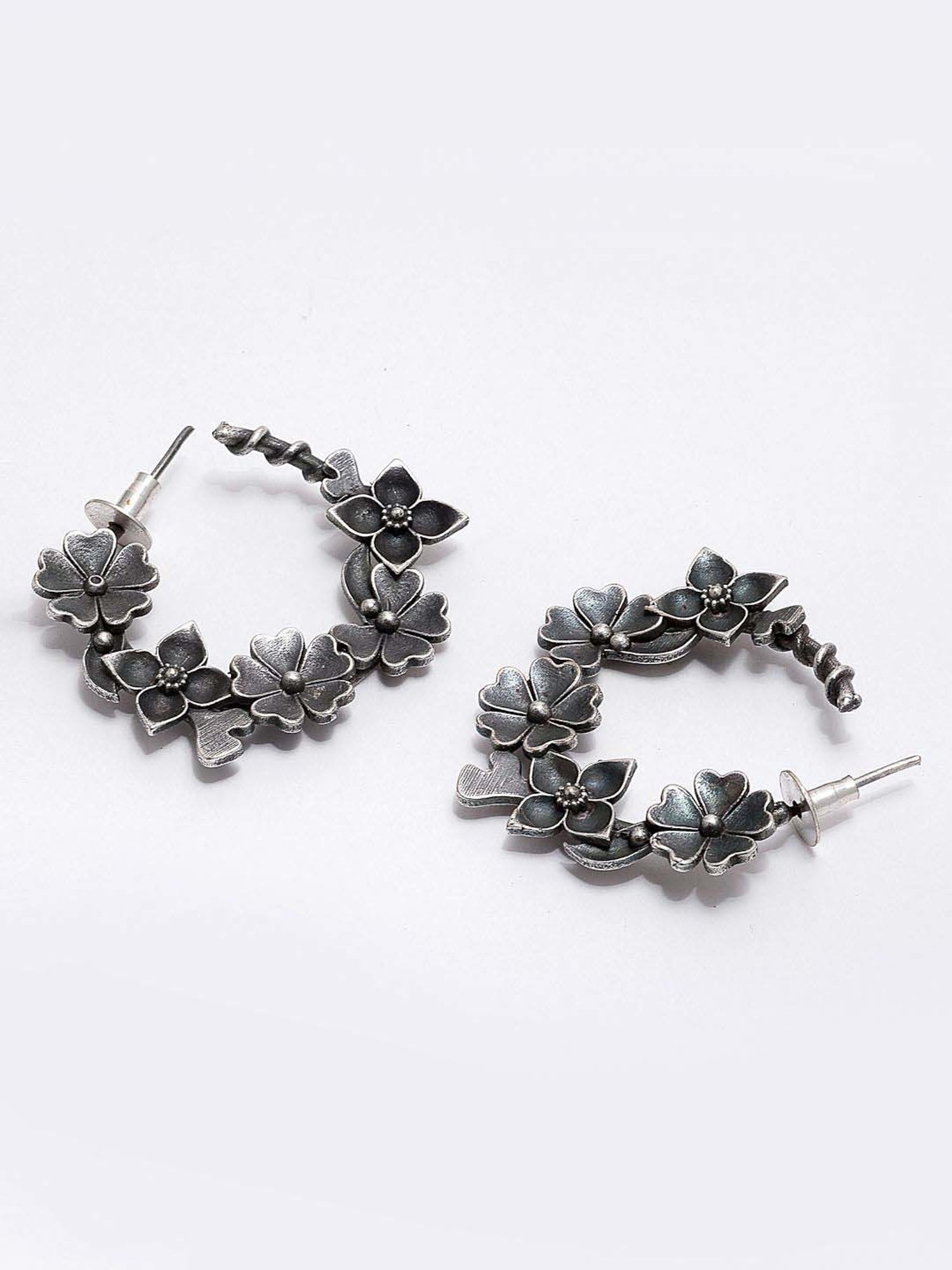 Panash Oxidized Silver-Look Floral Shaped Half Hoop Earrings