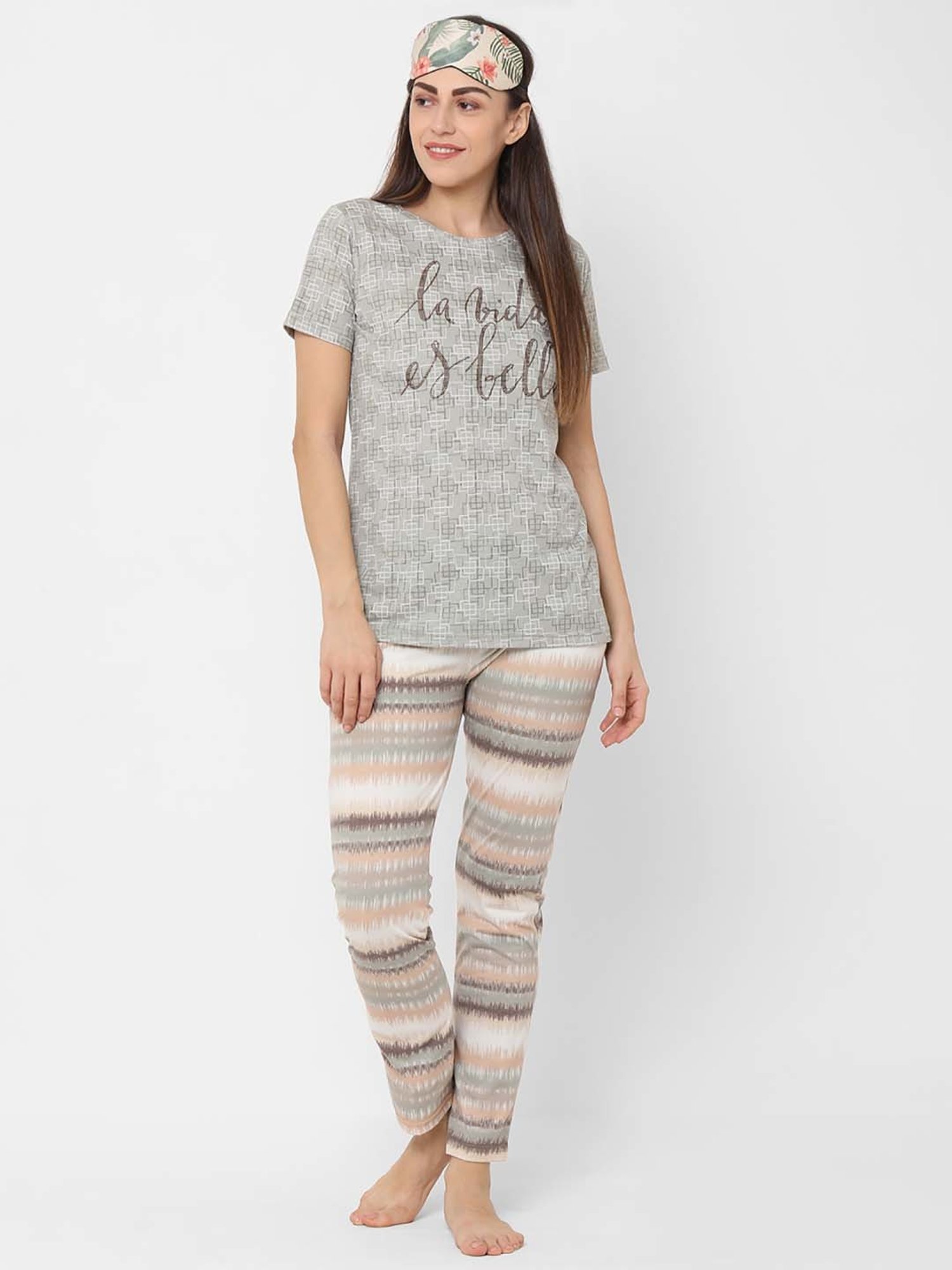 Sweet Dreams Grey Cotton Printed T-Shirt Pyjama Set