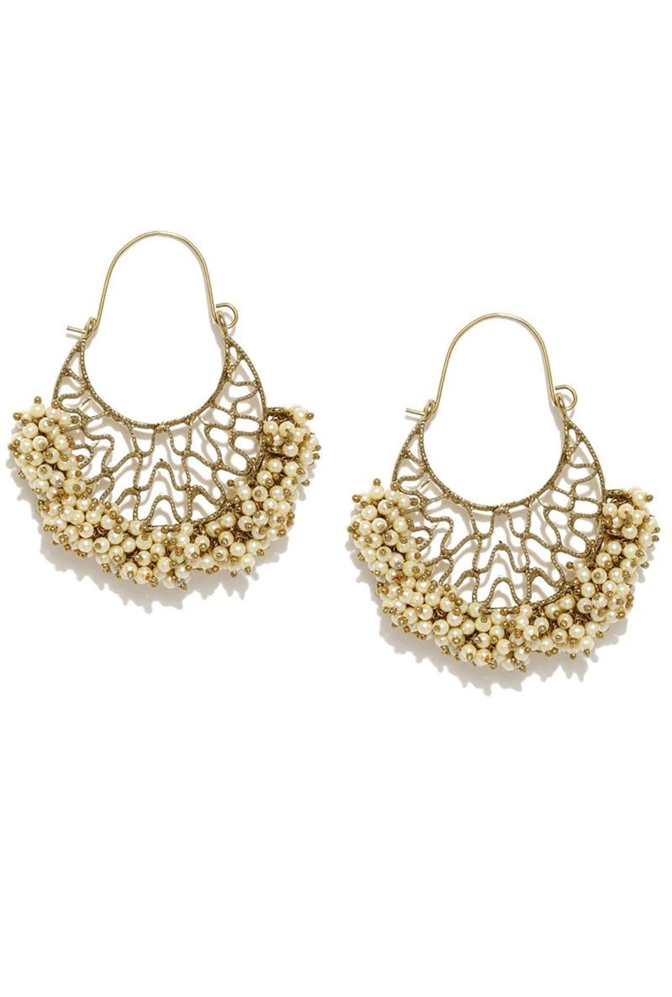 Fida Golden Alloy Pearly Filigree Chand Bali Earrings
