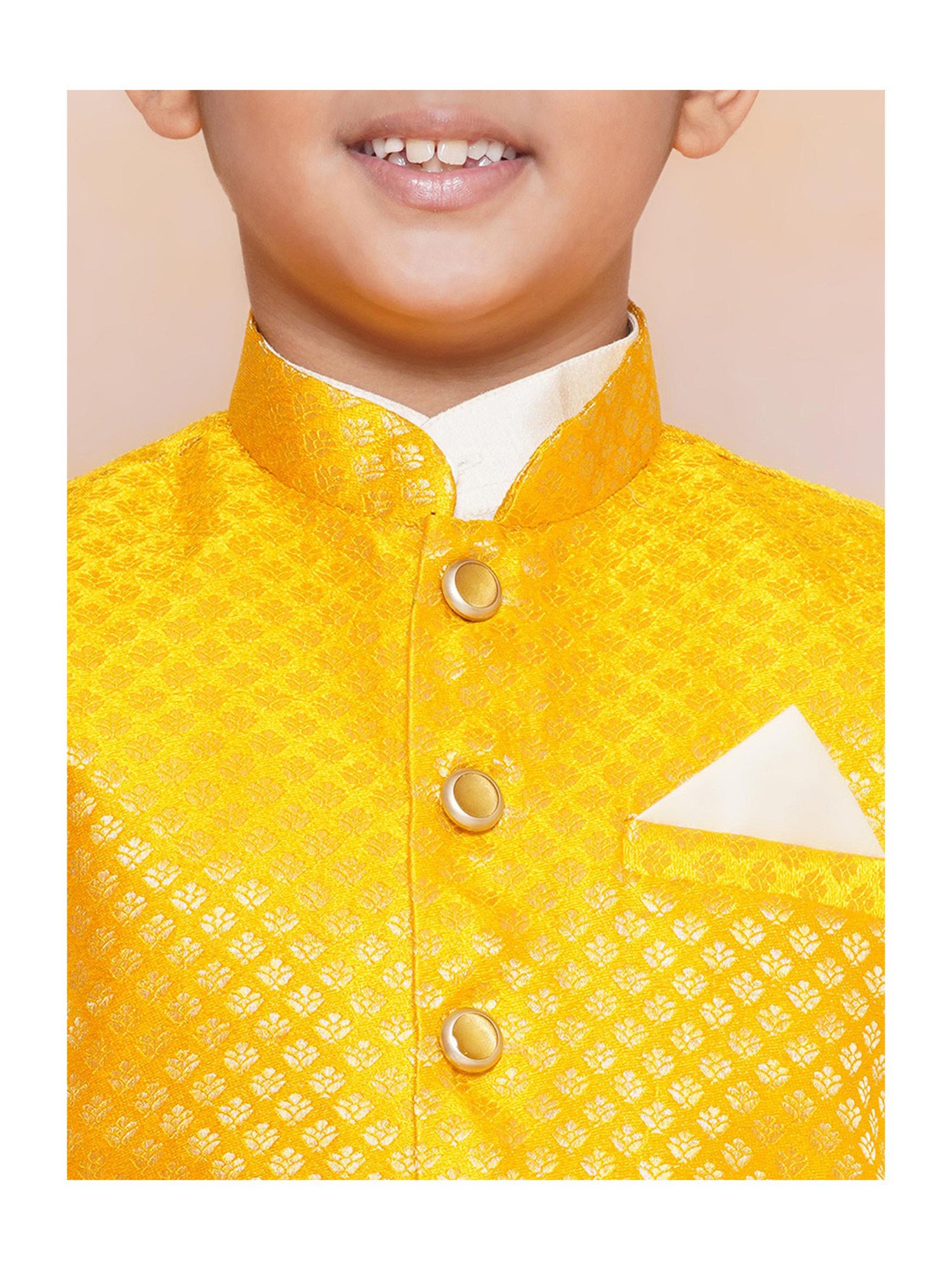 AJ Dezines Kids Mustard & White Printed Full Sleeves Kurta, Pyjamas with Waistcoat