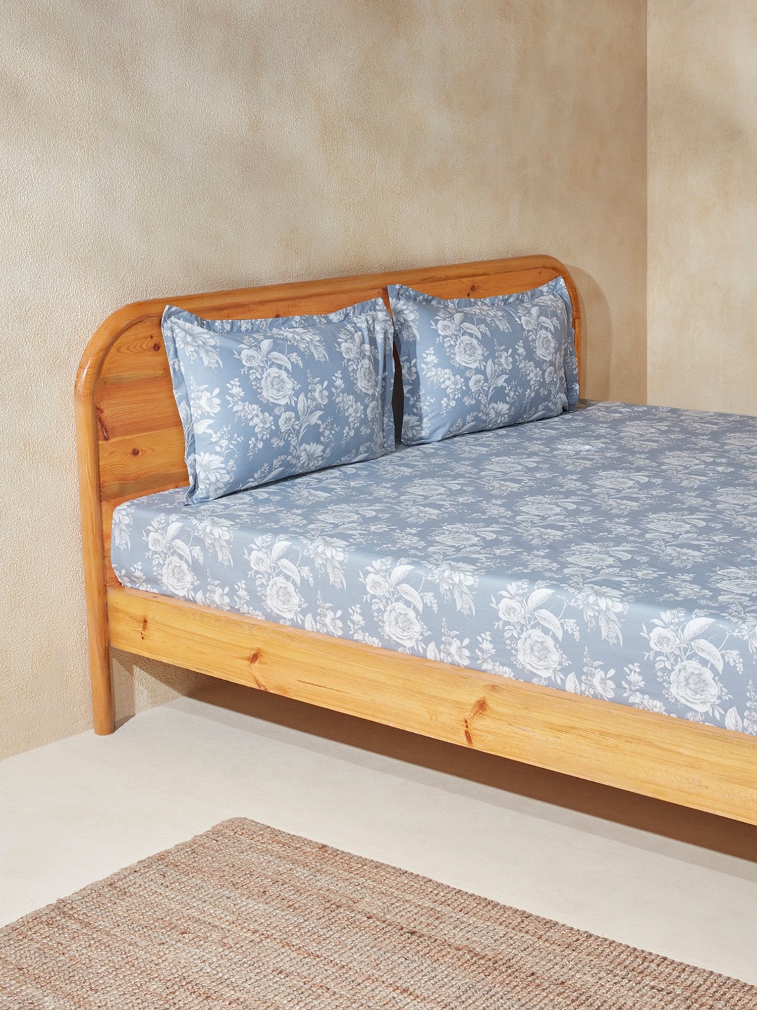 Westside Home Dark Blue Floral Print Double Bed Flat Sheet & Pillowcase