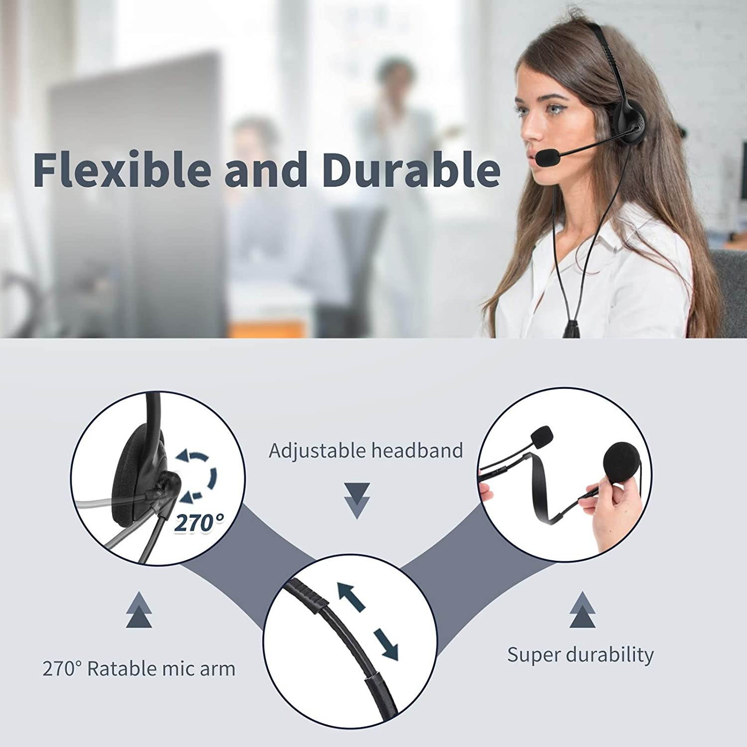 EBODA USB Headset with Microphone Lightweight Comfort PC Headset Wired Headphones Computer headsets for Skype Webinar Cell Phone Call Center