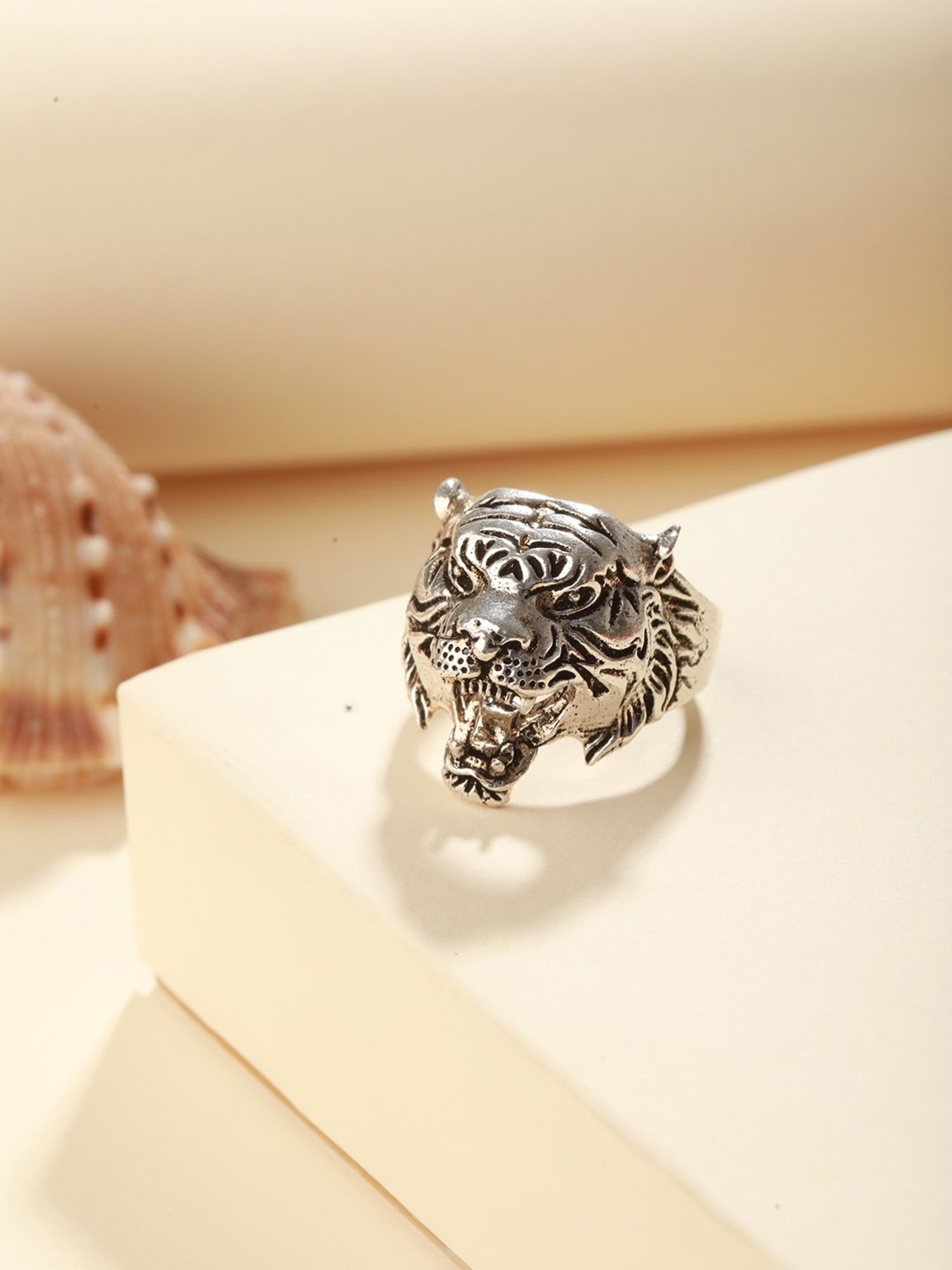 Bold by Priyaasi Roaring Lion Silver Casual Ring for Men