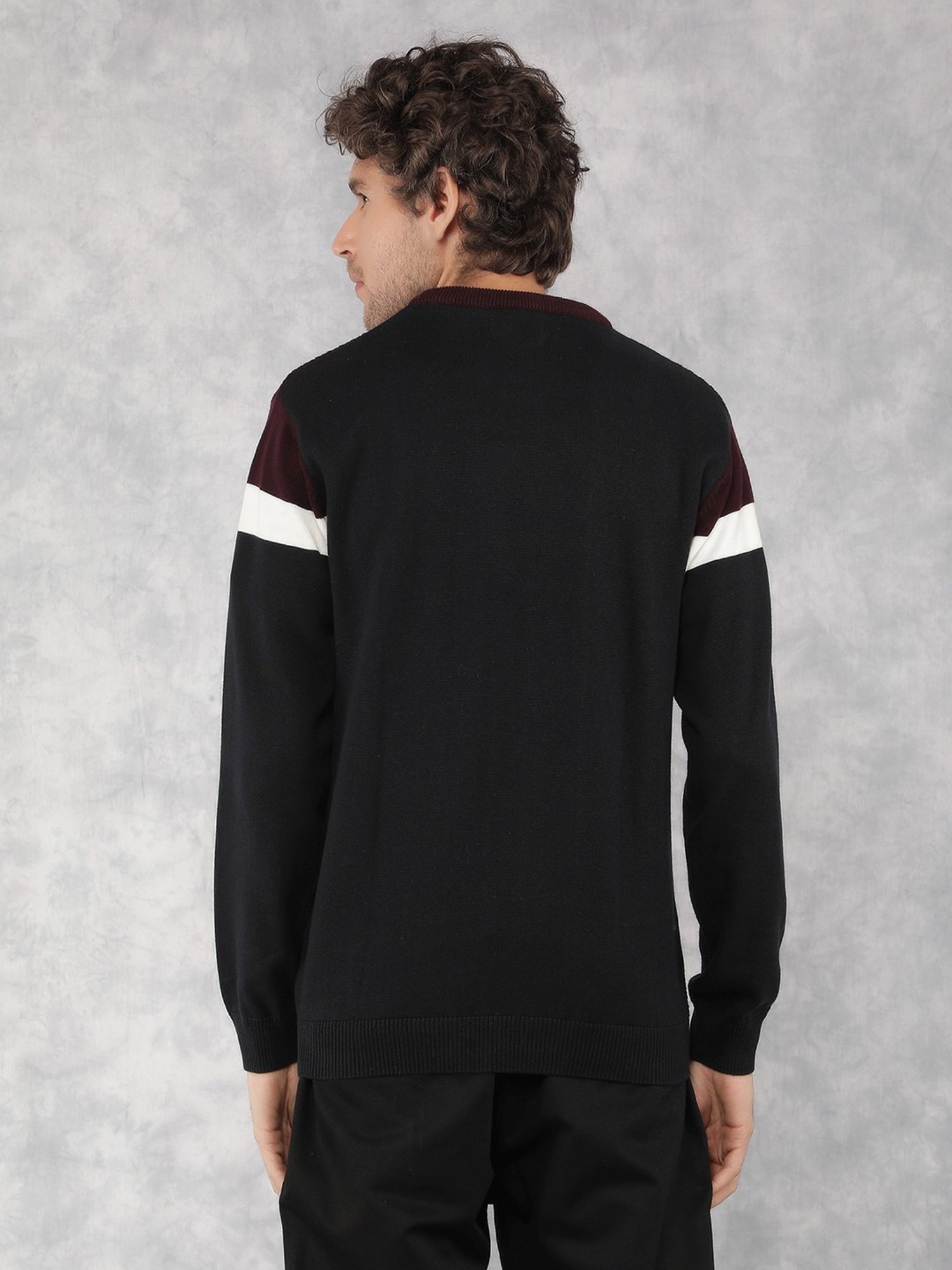 Crimsoune Club Wine Cotton Regular Fit Colour Block Sweater