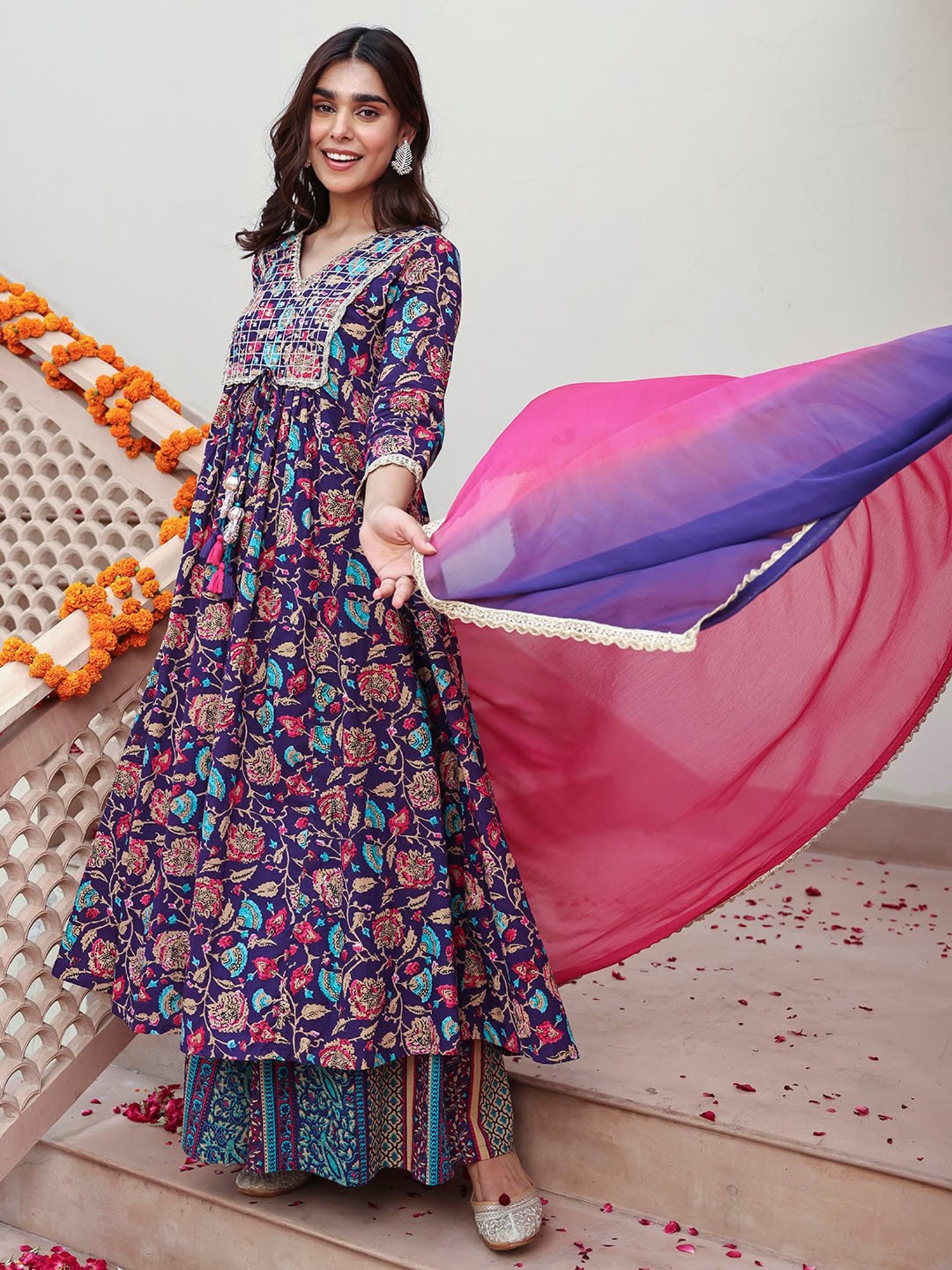 Janasya Purple Cotton Printed Kurta With Palazzo & Dupatta