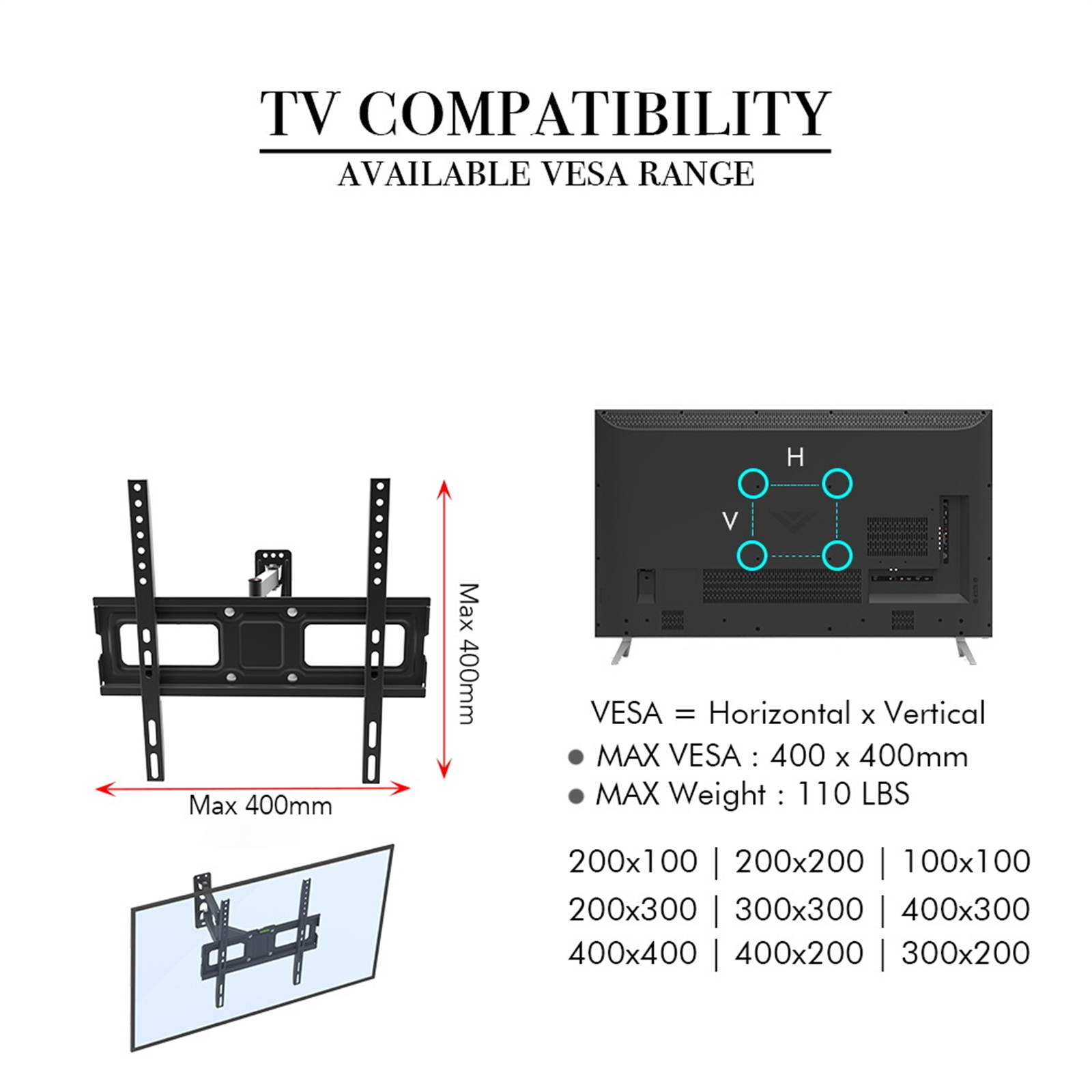 Premium TV Mount for Most 32 - 65 inch Flat Screens and Curved TVs, Full Motion TV Wall Mount Bracket with Heavy Duty Swivel Articulating Arms Tilt Holder up to VESA 400x400mm and 77 lbs