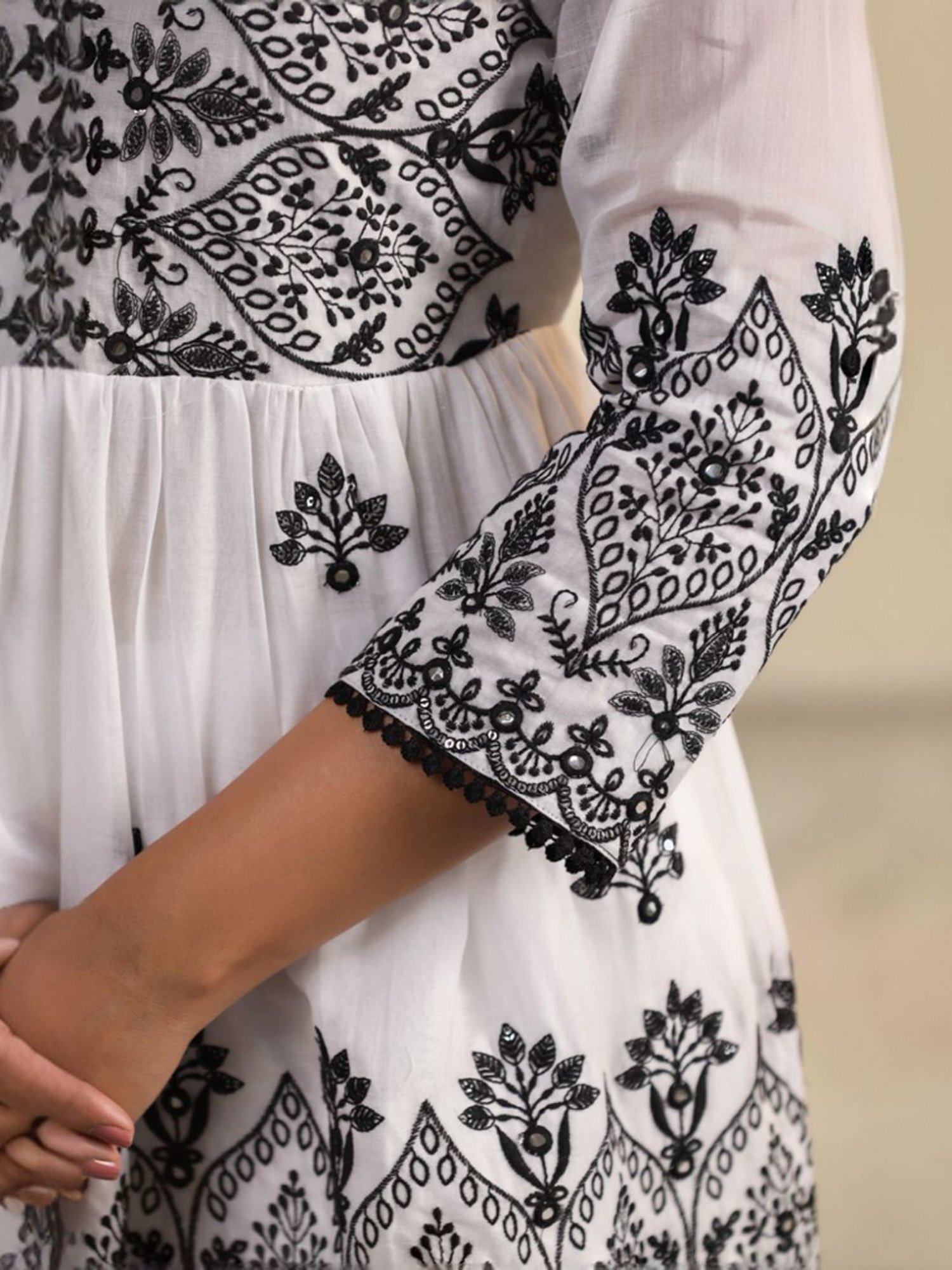 SCAKHI White Mulmul Sequin And Mirror Embroidered Peplum Kurta With Sharara And Dupatta