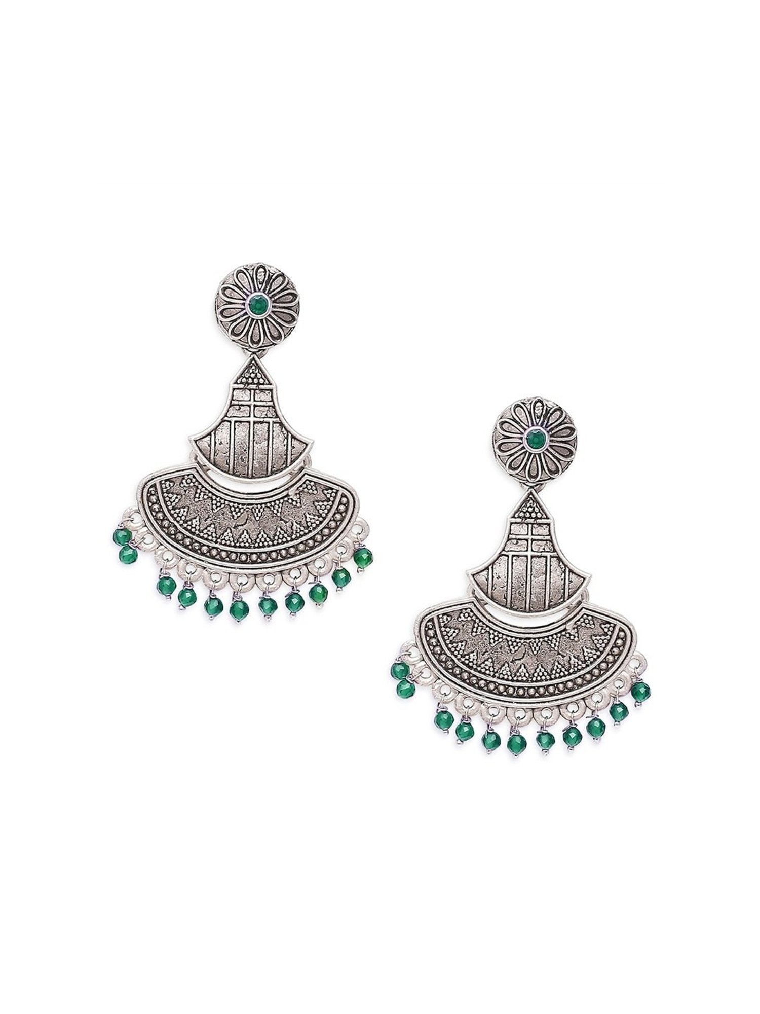 Oomph Jewellery Oxidized Silver Ethnic Silver Look Alike Green Beads Dangler Earrings