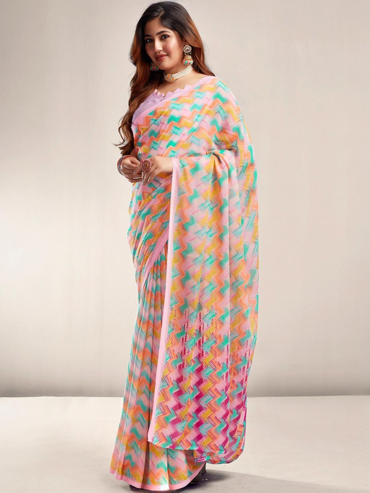 Satrani Multicolored Printed Saree With Unstitched Blouse