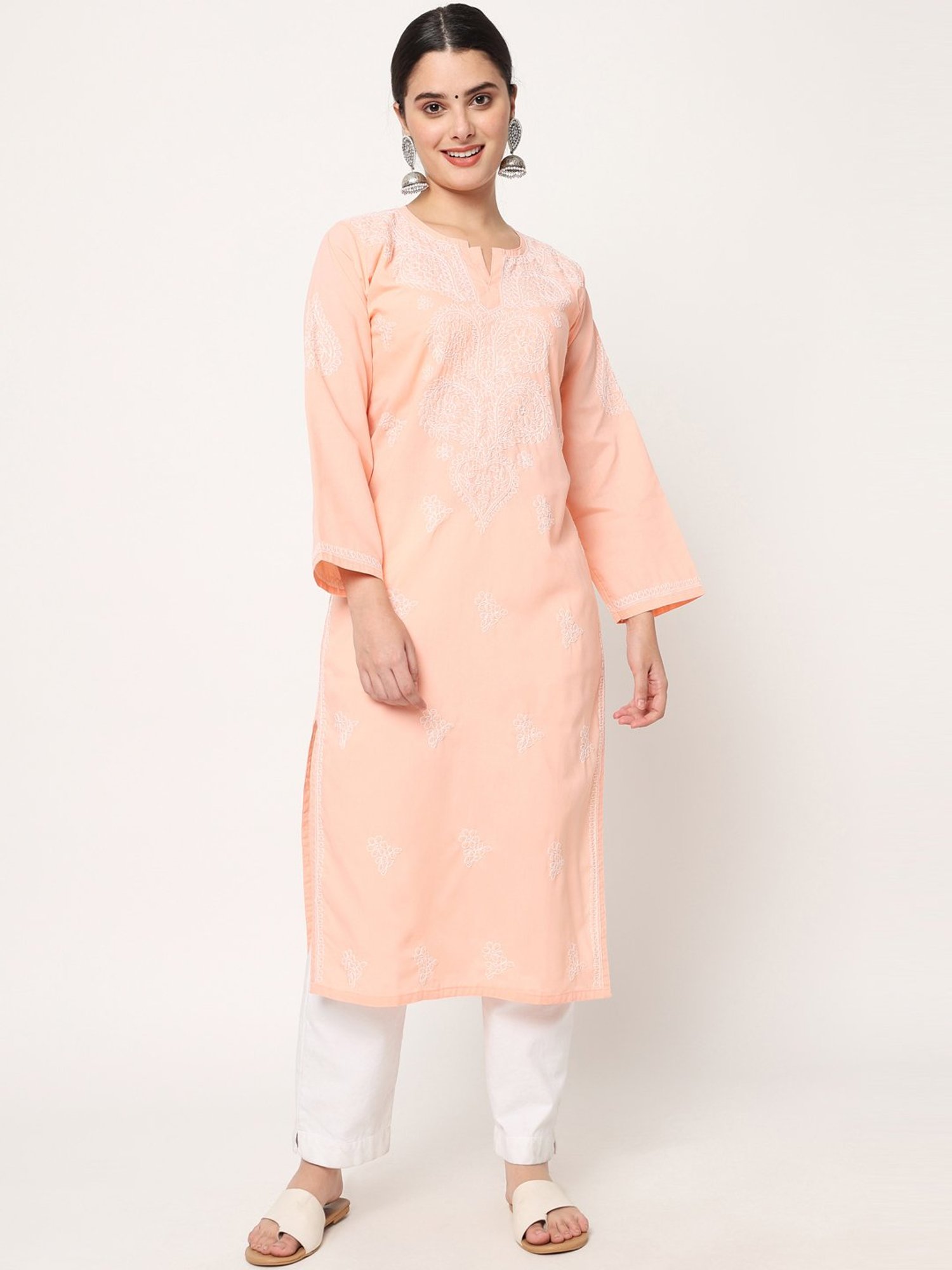 PARAMOUNT CHIKAN Peach Cotton Chikankari Straight Kurta