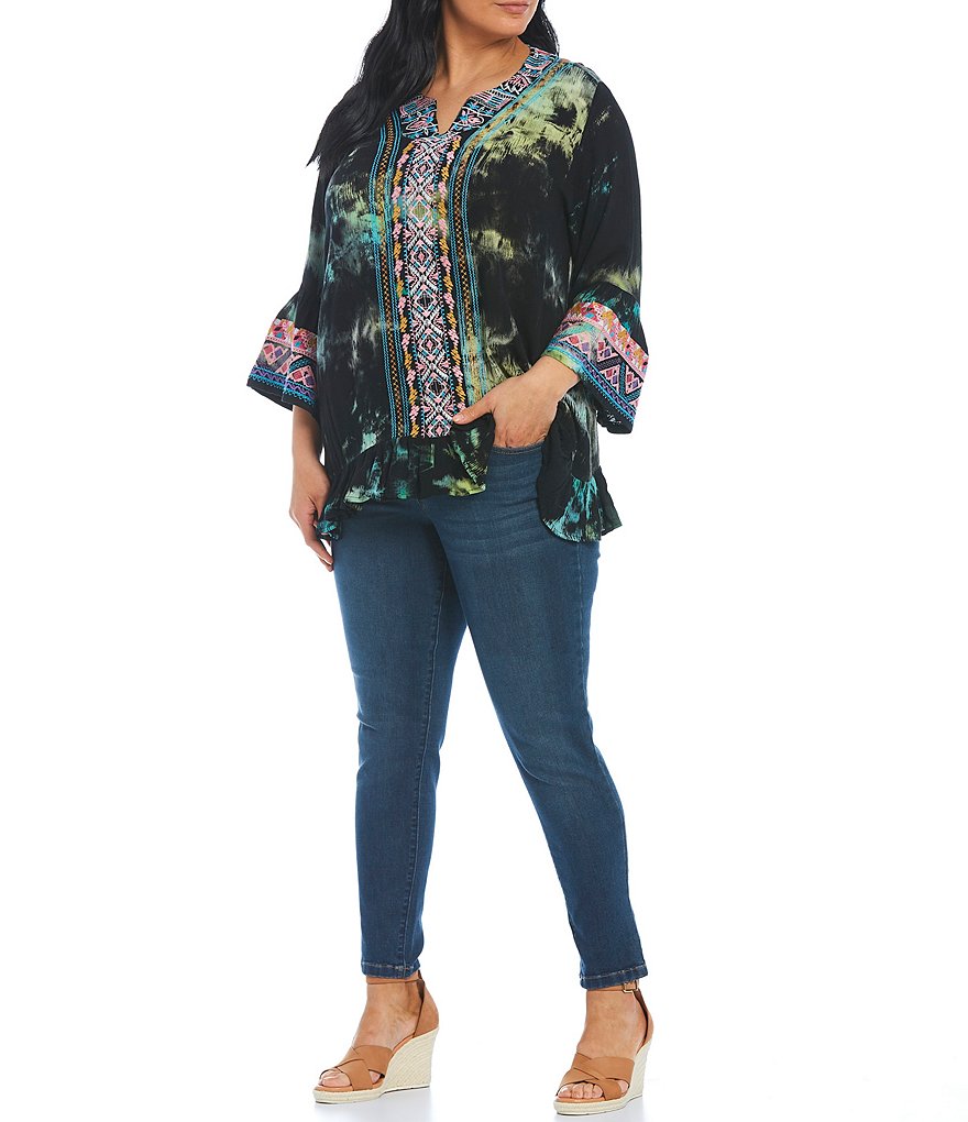 Calessa Plus Size Split Round Neck 3/4 Bell Sleeve Tie Dye Embroidery Tunic