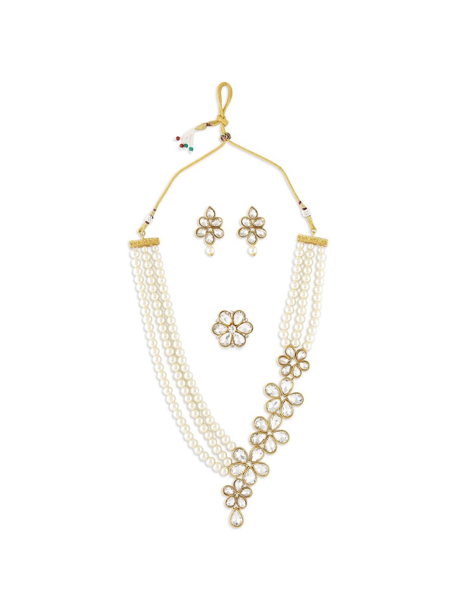 Zaveri Pearls Gold Tone Multistrand Pearls Ethnic Necklace Earring & Ring Set-ZPFK10726