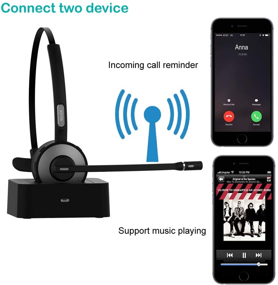 Bluetooth Headset,Wireless Headset with Microphone (Noise Cancelling Mic) Charging Base Mute Button 19H Clear Talk Time Pro for Truck Driver Office Business Call Center Home Smartphones PC