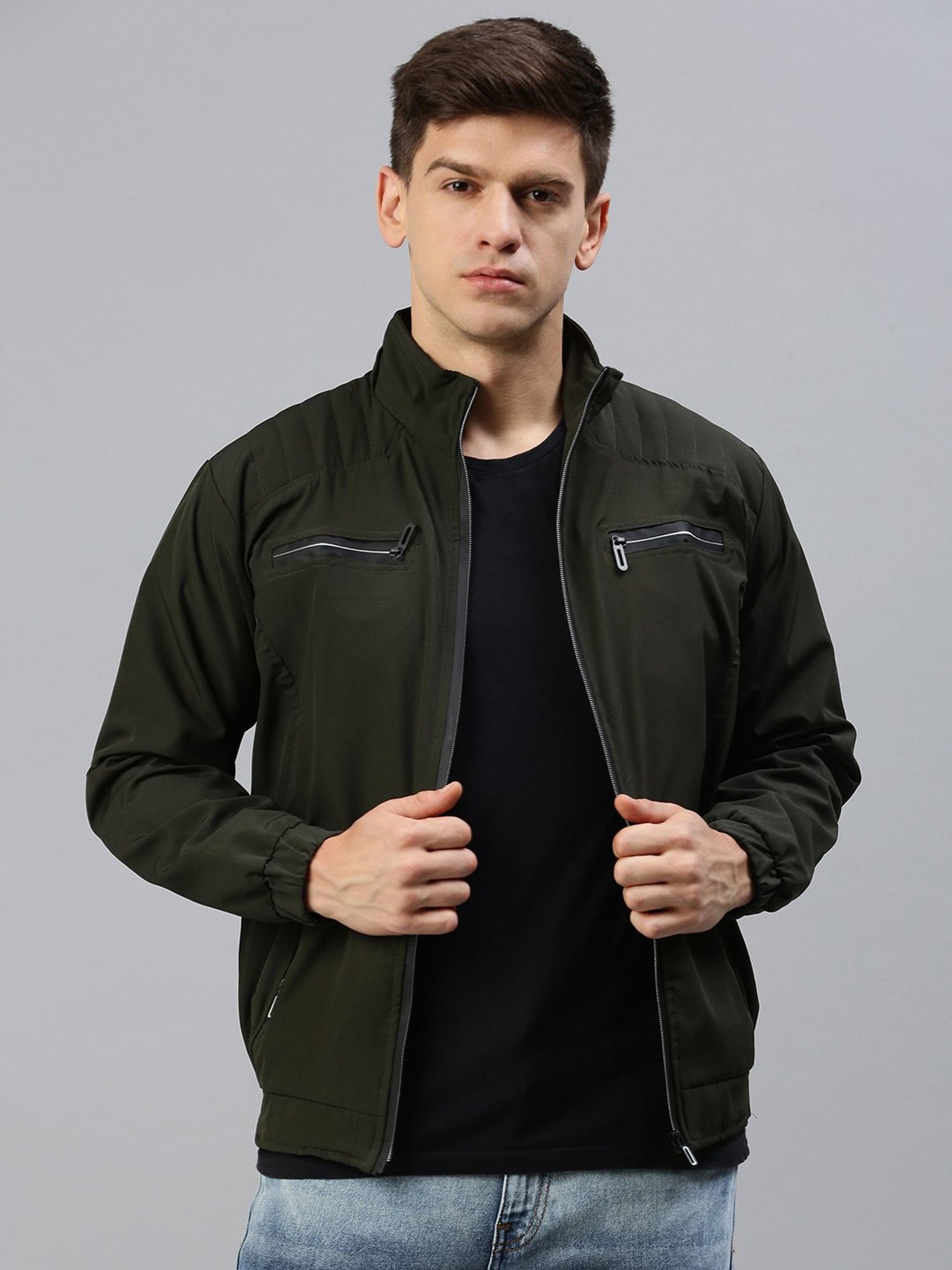 VOXATI Green Regular Fit High Neck Jacket