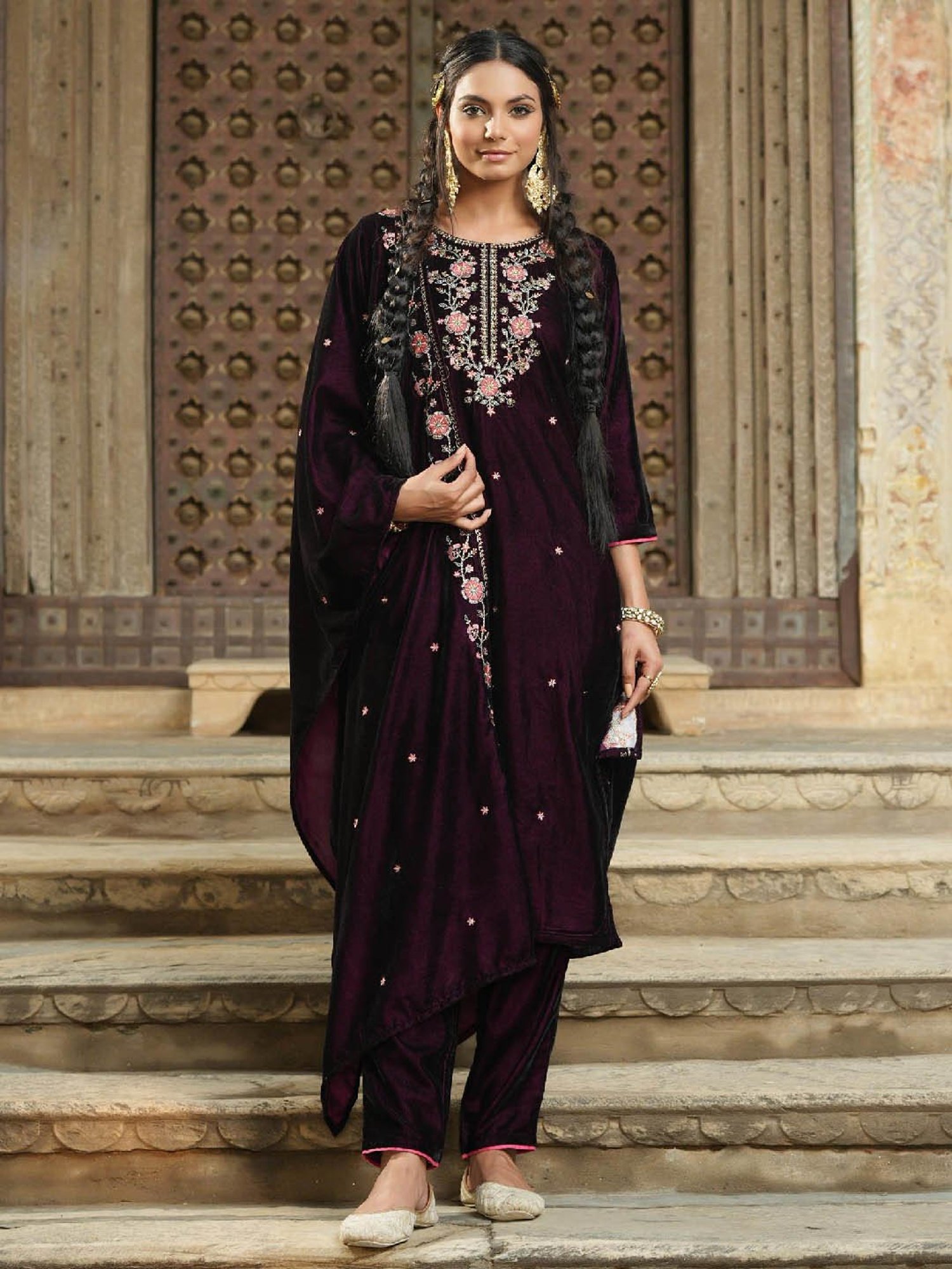SCAKHI Maroon Embroidered Velvet Kurta With Pants & Dupatta
