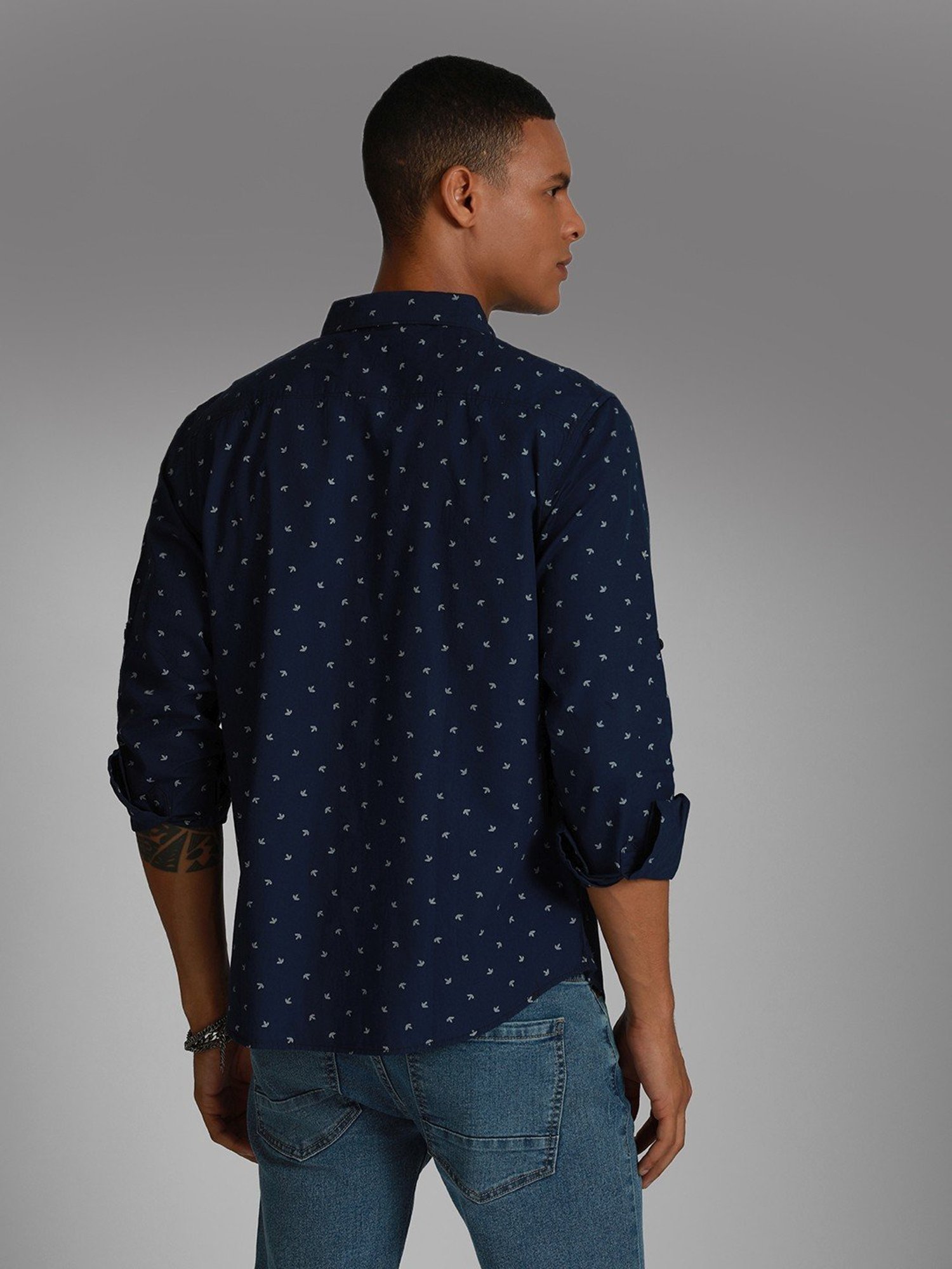 High Star Blue Cotton Regular Fit Printed Shirt