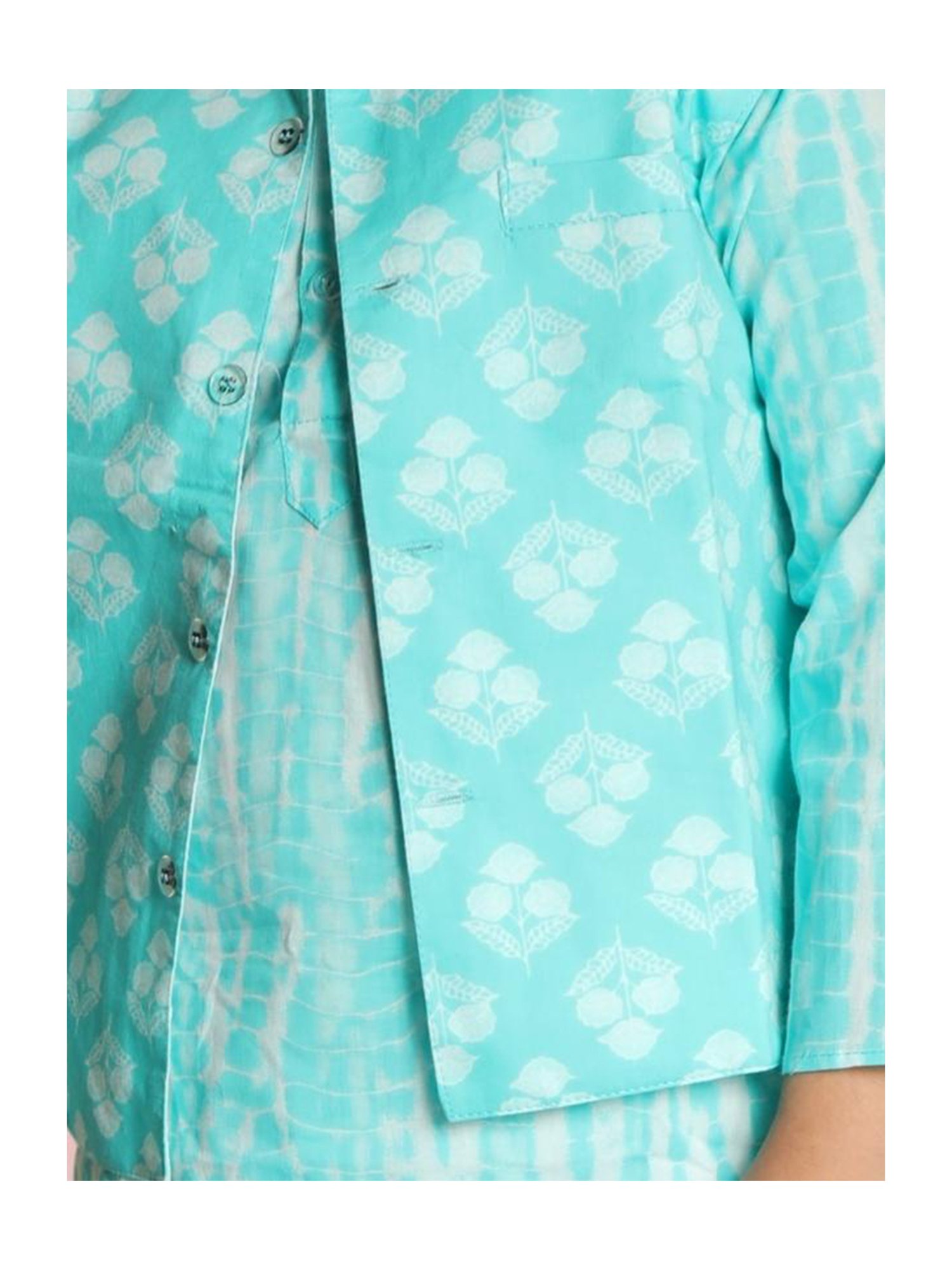 Tippy Top Kids Turquoise & White Floral Print Full Sleeves Kurta, Pyjamas with Jacket