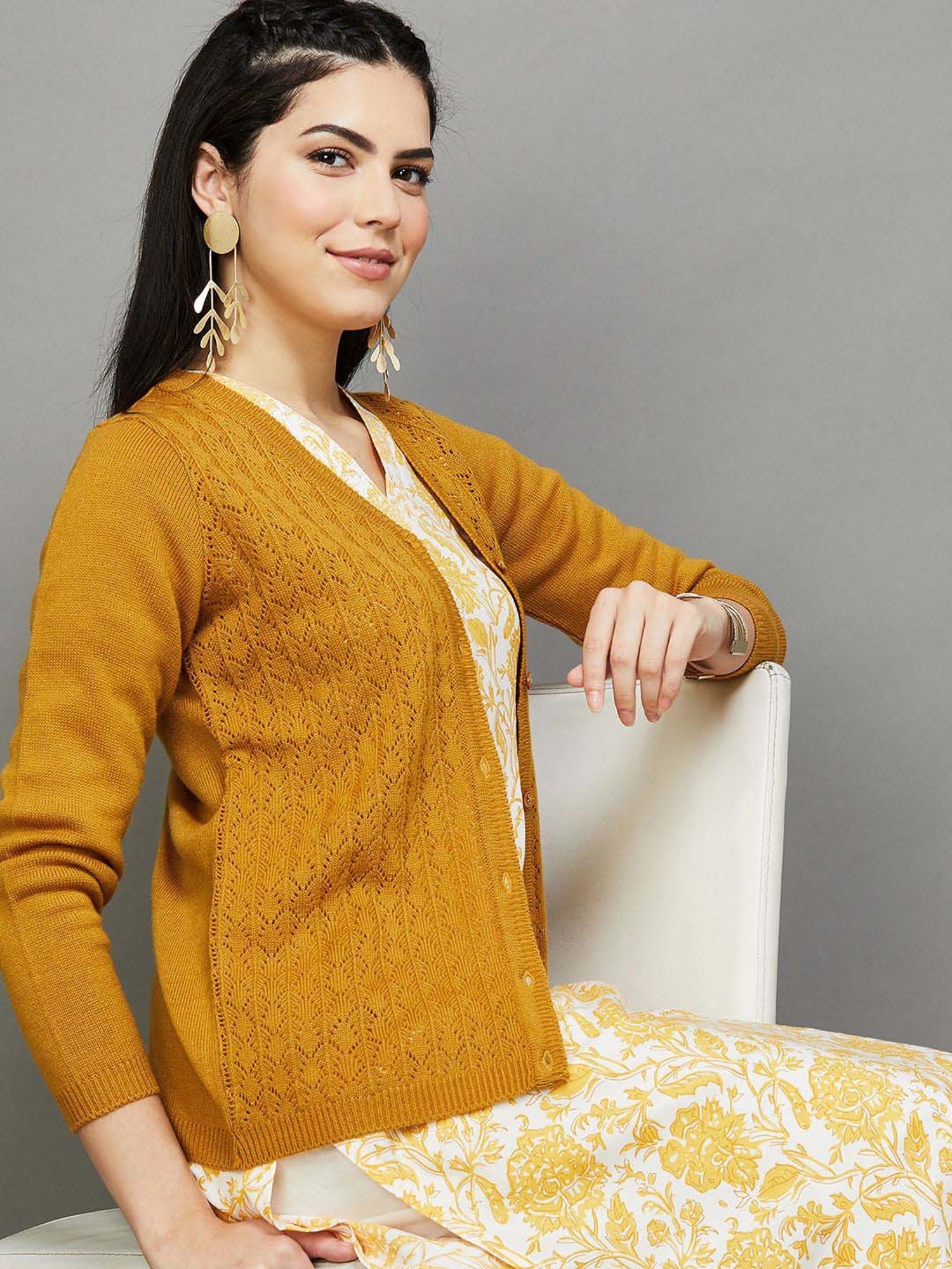 Melange by Lifestyle Yellow Self Pattern Cardigan