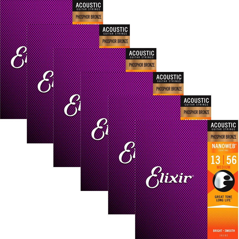 Elixir Nanoweb Phosphor Bronze Medium Acoustic Guitar Strings 16102 6 Sets