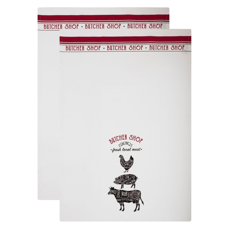 2pk Butcher Shop Kitchen Towel White/Red - MU Kitchen