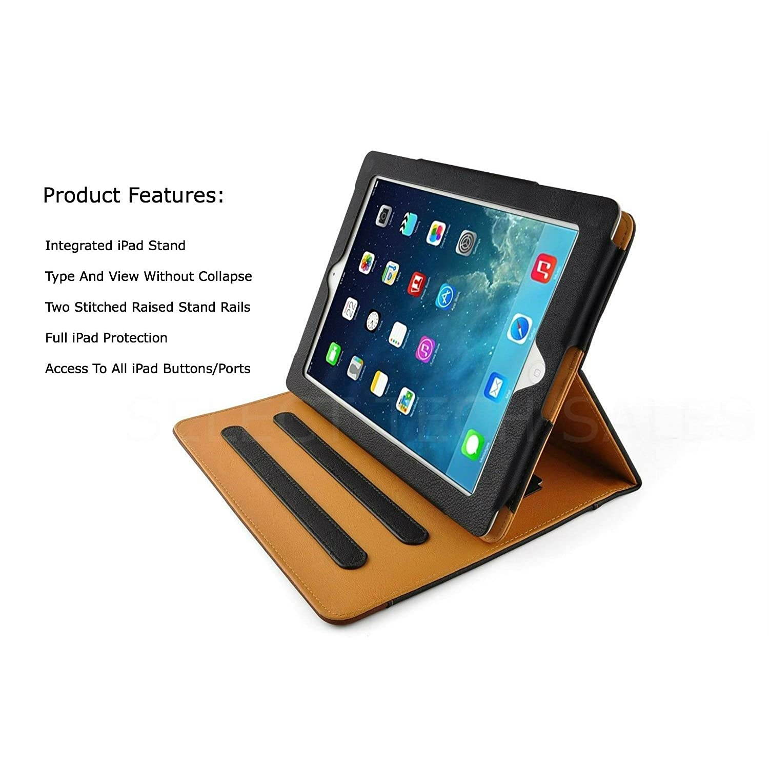 New S-Tech Apple iPad Pro 12.9 Black and Tan Soft Leather Wallet Magnetic Smart Cover with Sleep/Wake Feature Flip Folio Case (iPad Pro 12.9 Model # A1584 A1652)