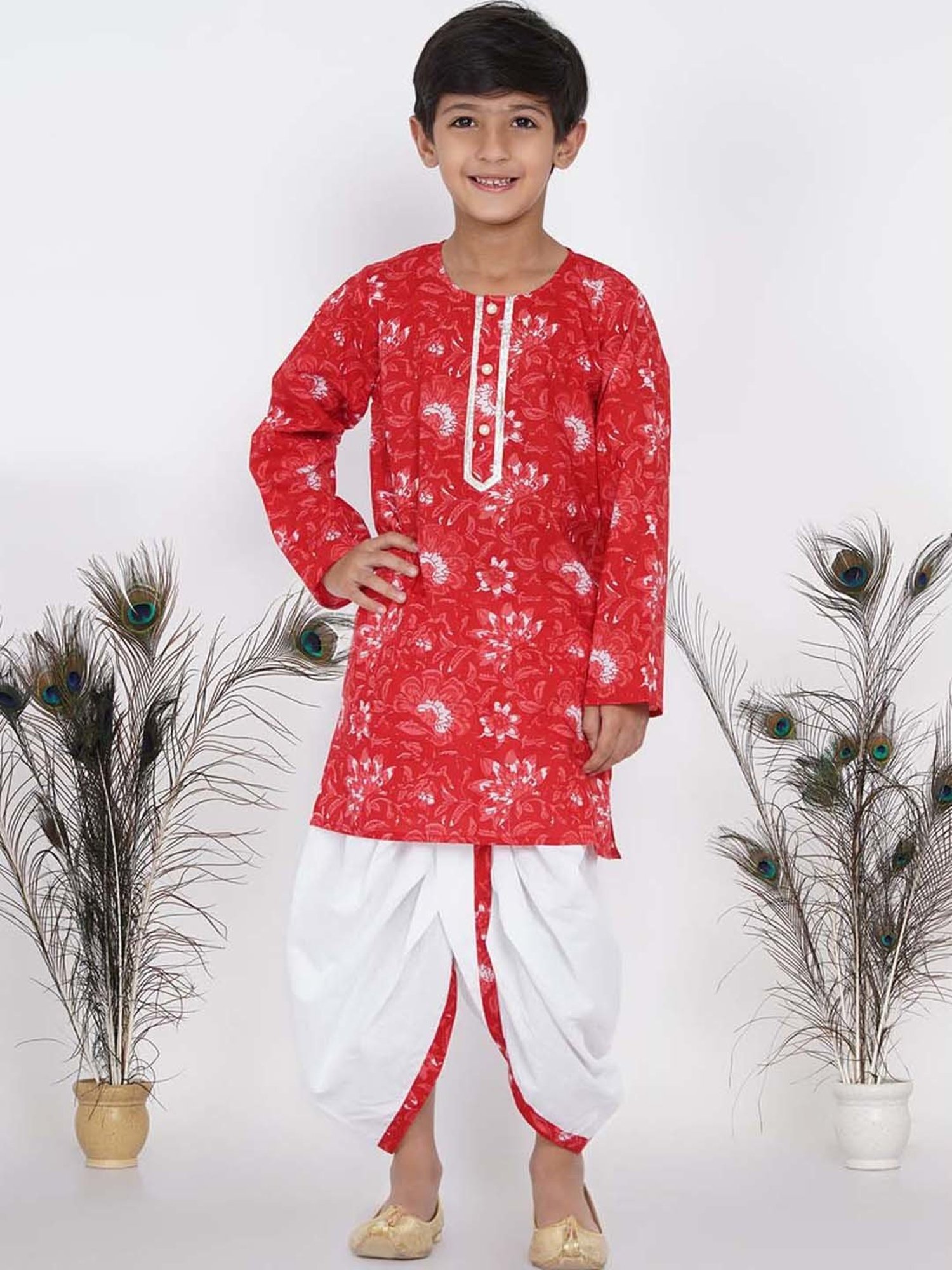 Little Bansi Kids Red & White Cotton Floral Print Kurta Set